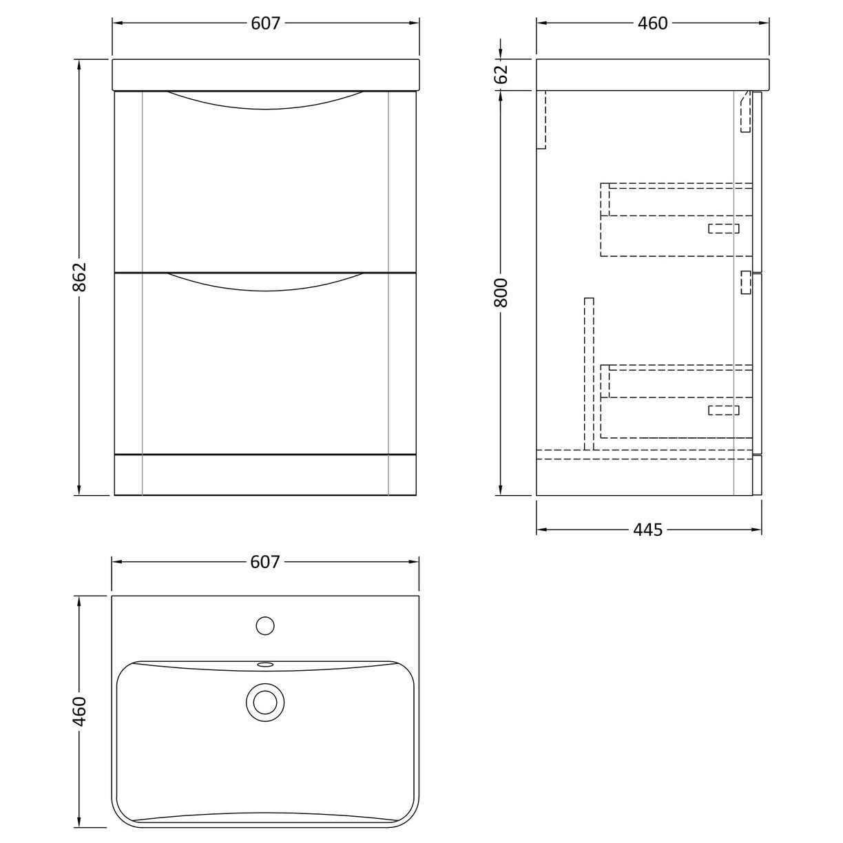 600mm Floor Standing 2 Drawer Vanity & Thin Edge Ceramic Basin