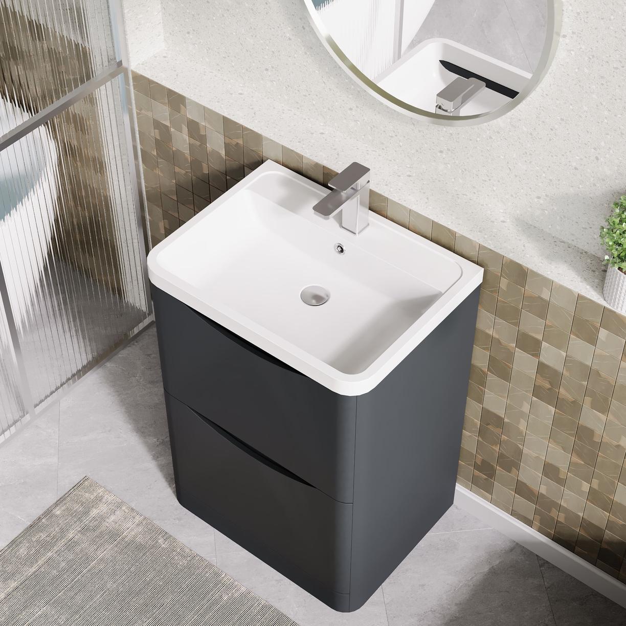 600mm F/S 2-Drawer Unit & Polymarble Basin - Satin Soft Black