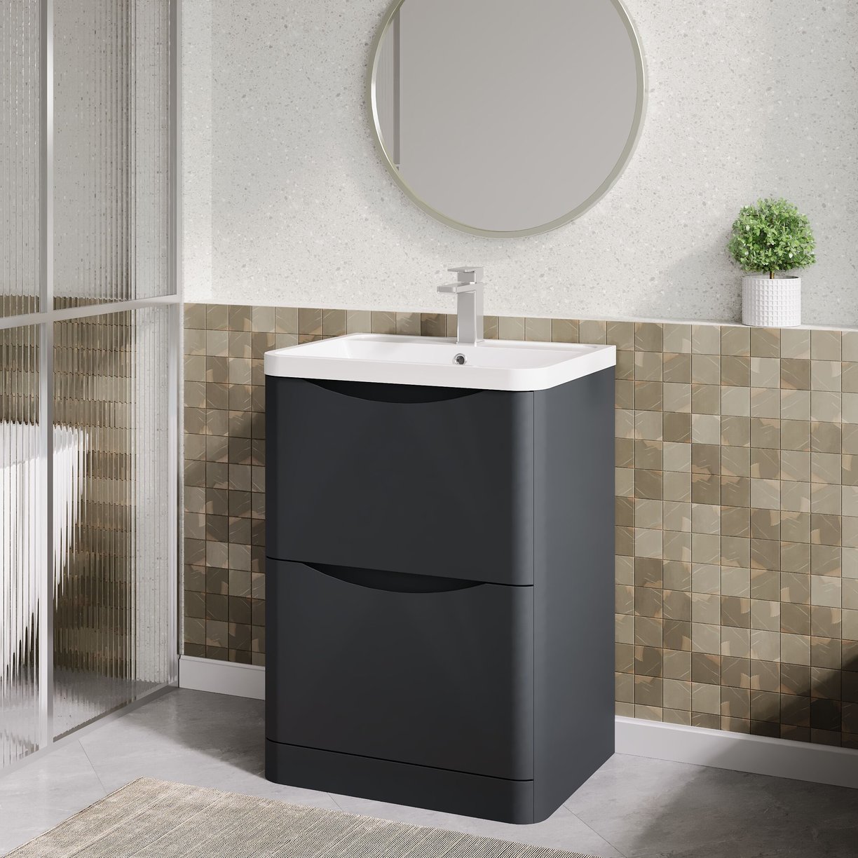 600mm F/S 2-Drawer Unit & Polymarble Basin - Satin Soft Black