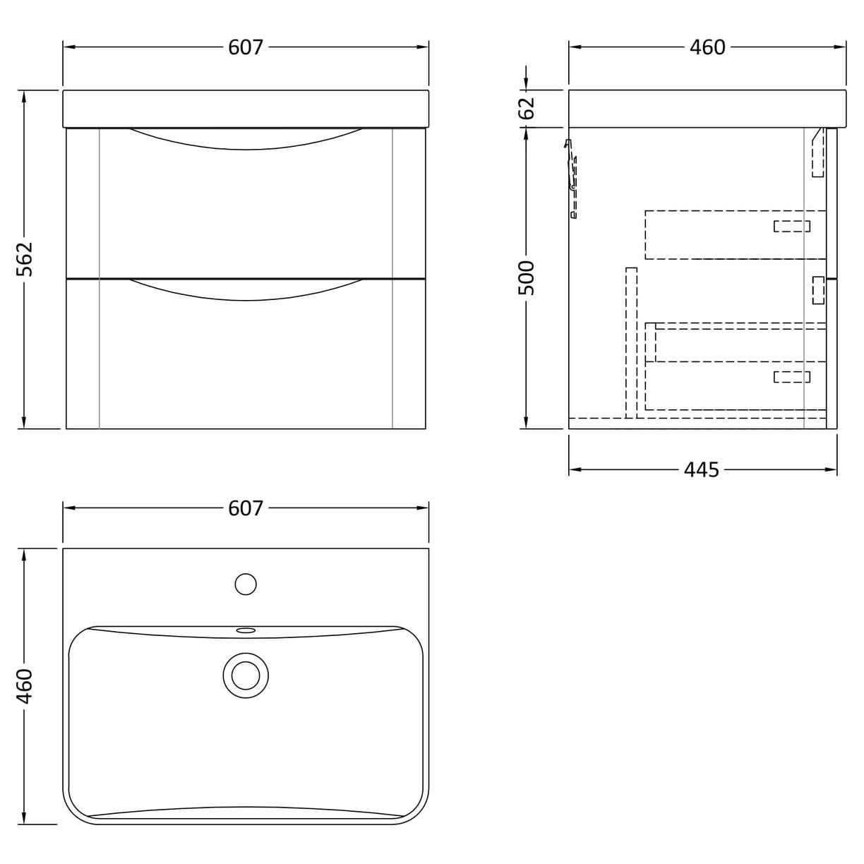 600mm Wall Hung 2 Drawer Vanity & Thin Edge Ceramic Basin