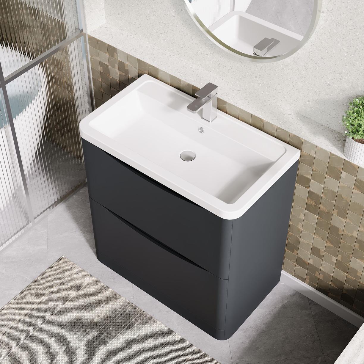 800mm F/S 2-Drawer Unit & Ceramic Basin - Satin Soft Black