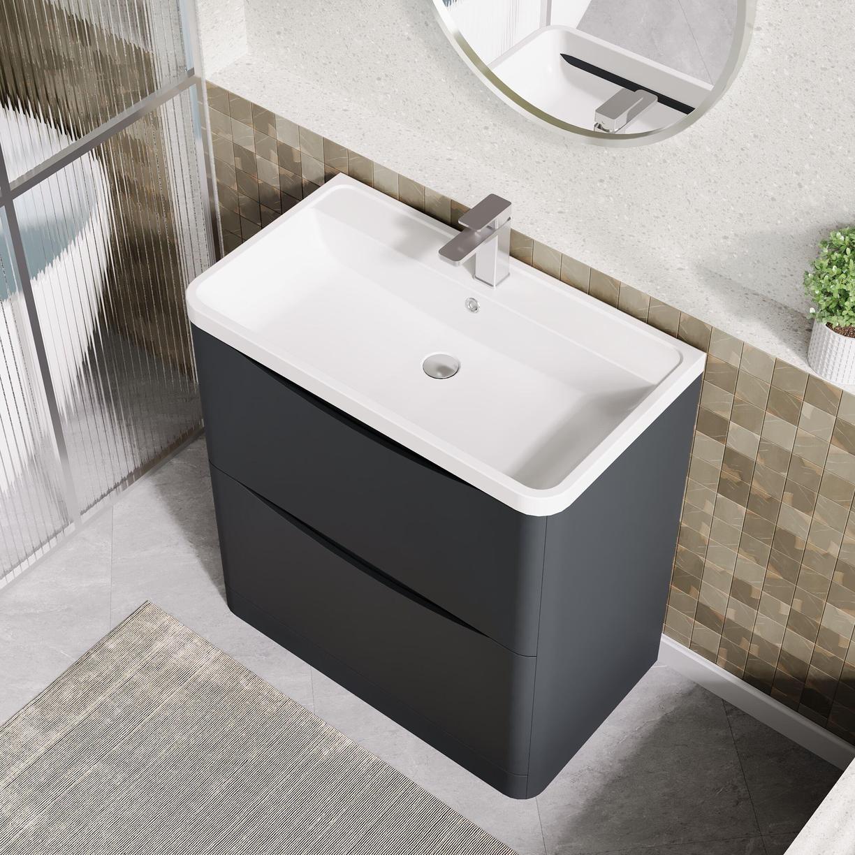800mm F/S 2-Drawer Unit & Polymarble Basin - Satin Soft Black