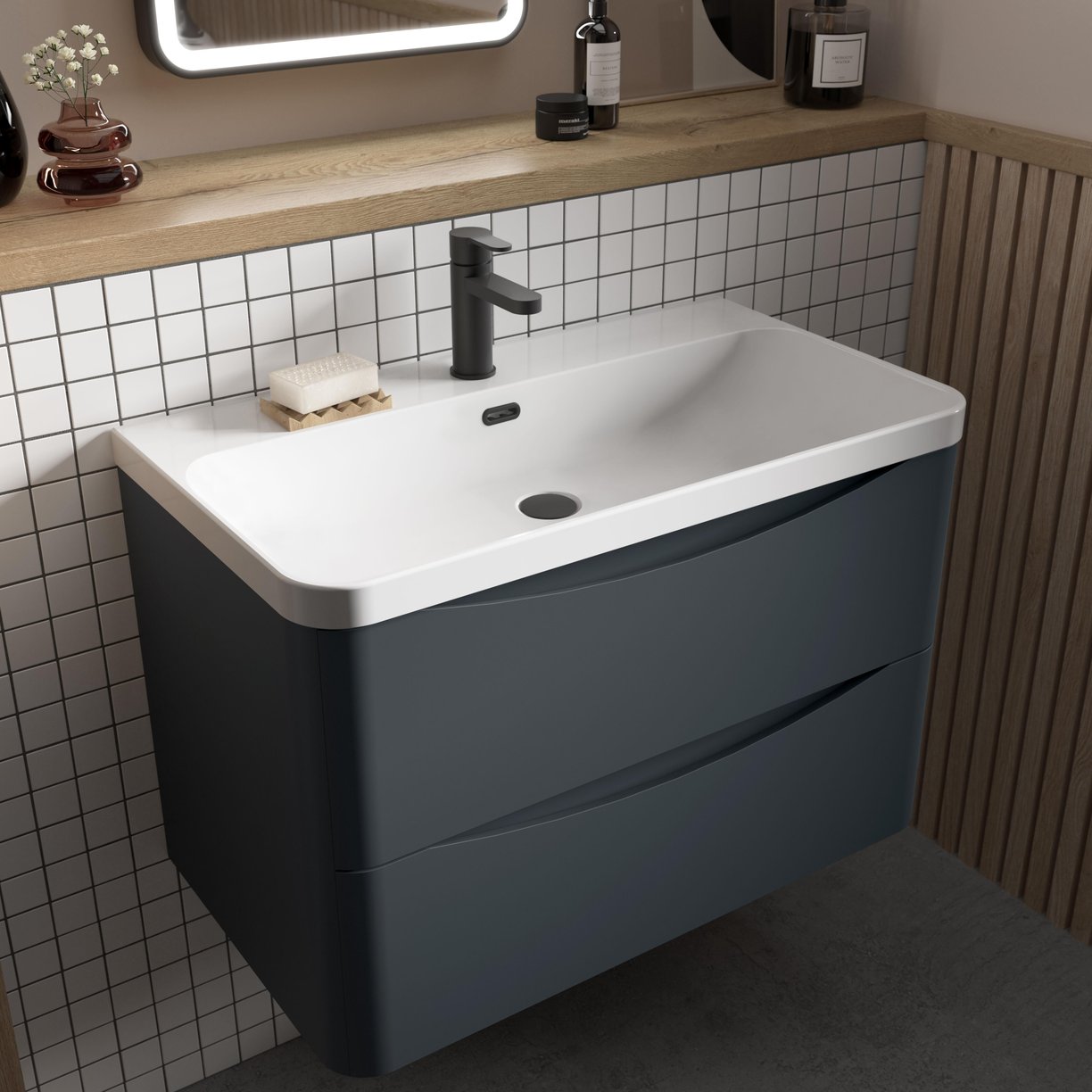 800mm Wall Hung 2 Drawer Vanity & Thin Edge Ceramic Basin