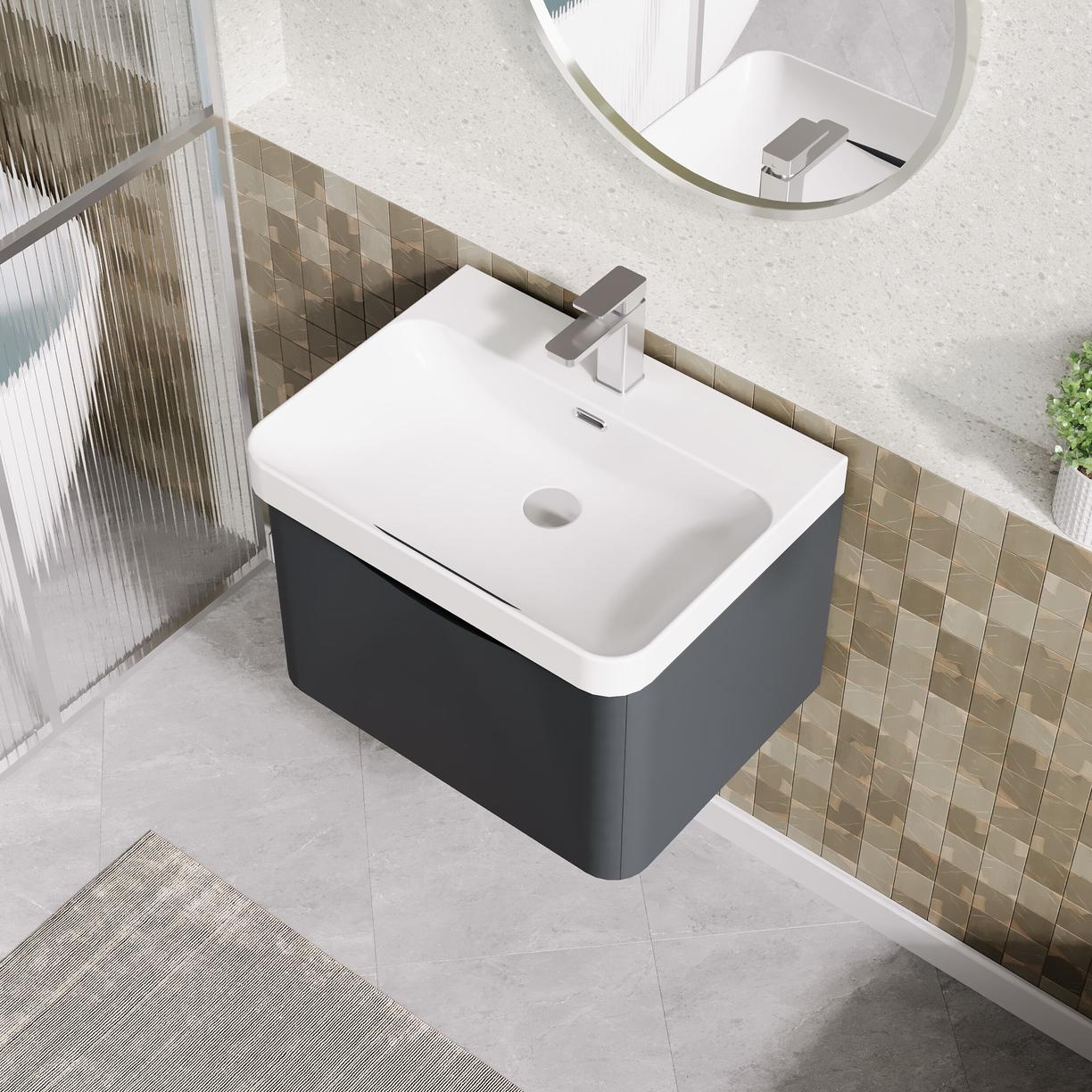 600mm Wall Hung 1 Drawer Vanity & Thin Edge Ceramic Basin