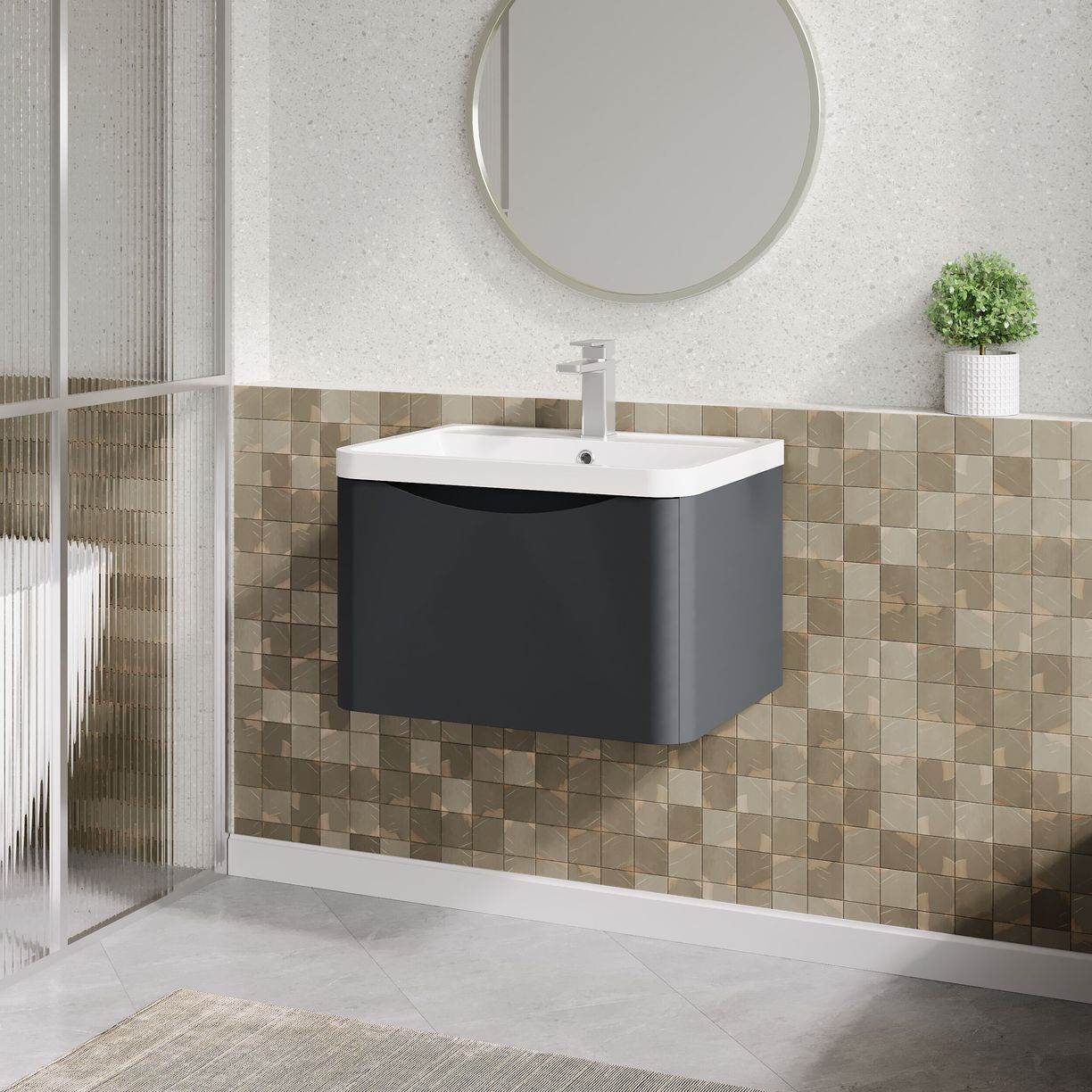 600mm W/H 1-Drawer Unit & Polymarble Basin - Satin Soft Black