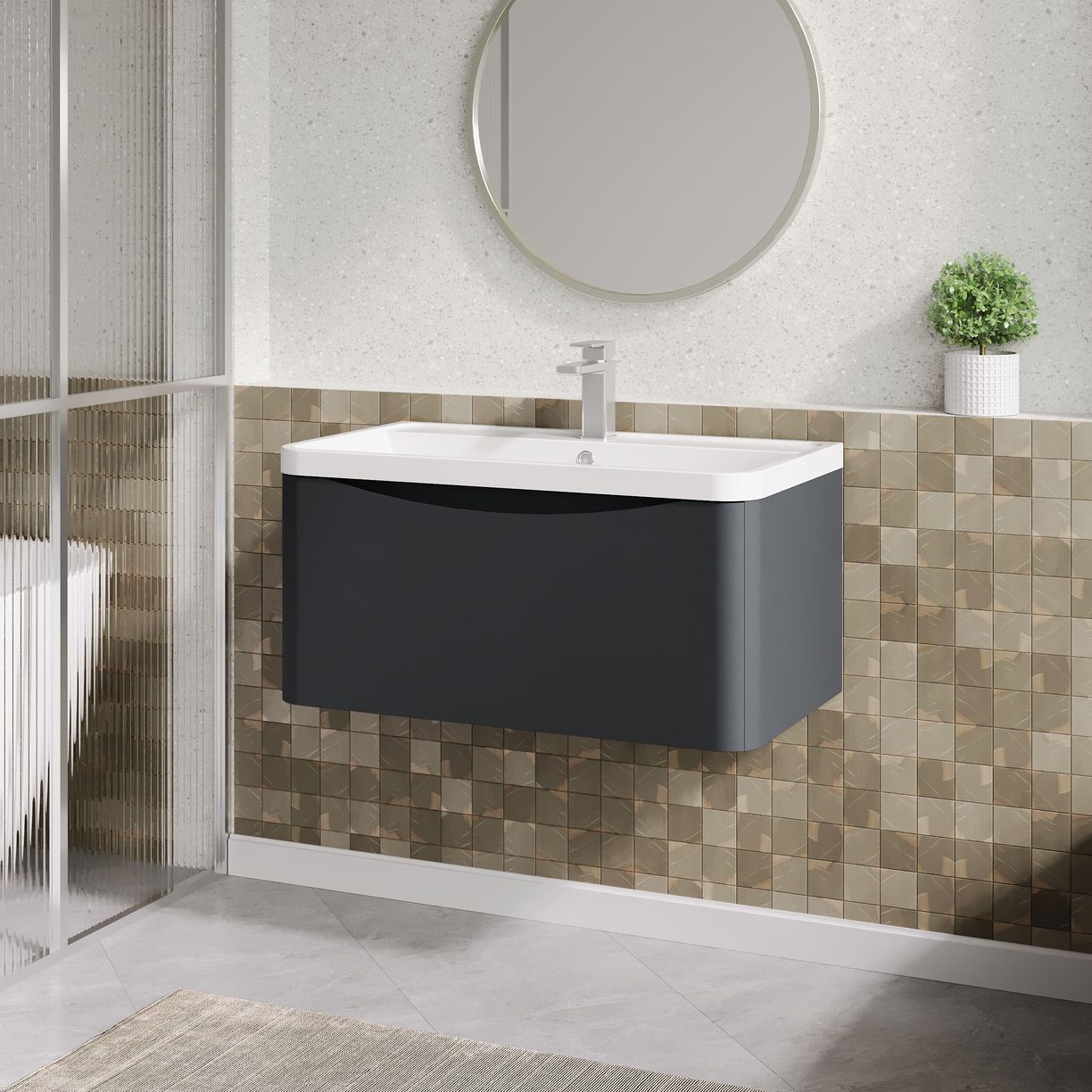 800mm W/H 1-Drawer Unit & Polymarble Basin - Satin Soft Black