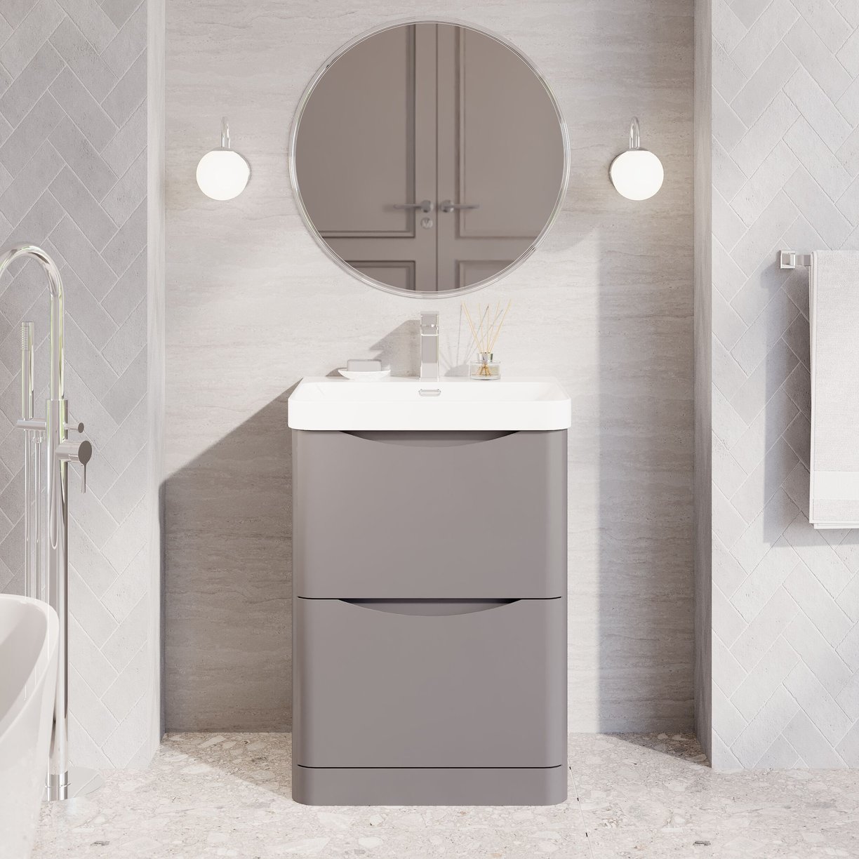 600mm Floor Standing 2 Drawer Vanity & Thin Edge Ceramic Basin