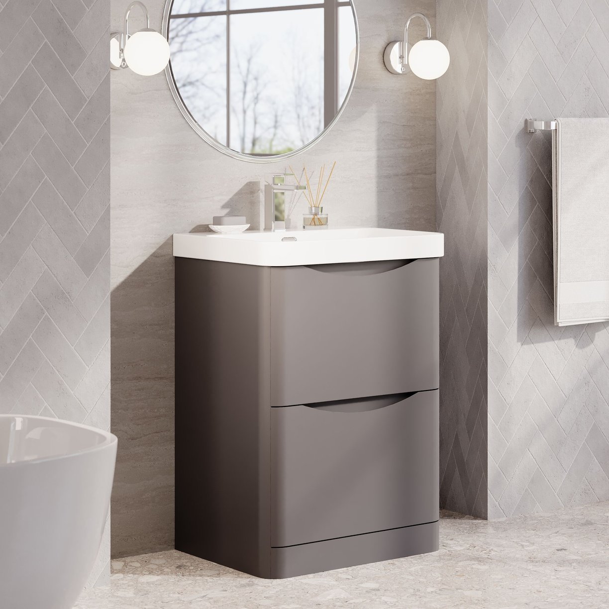 600mm Floor Standing 2 Drawer Vanity & Thin Edge Ceramic Basin