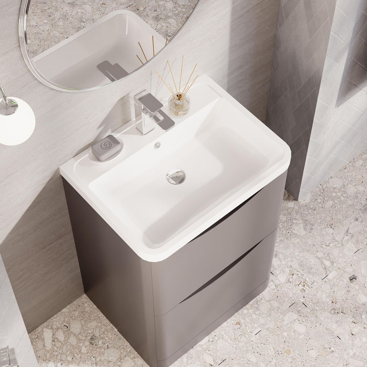 600mm F/S 2-Drawer Unit & Polymarble Basin - Satin Grey