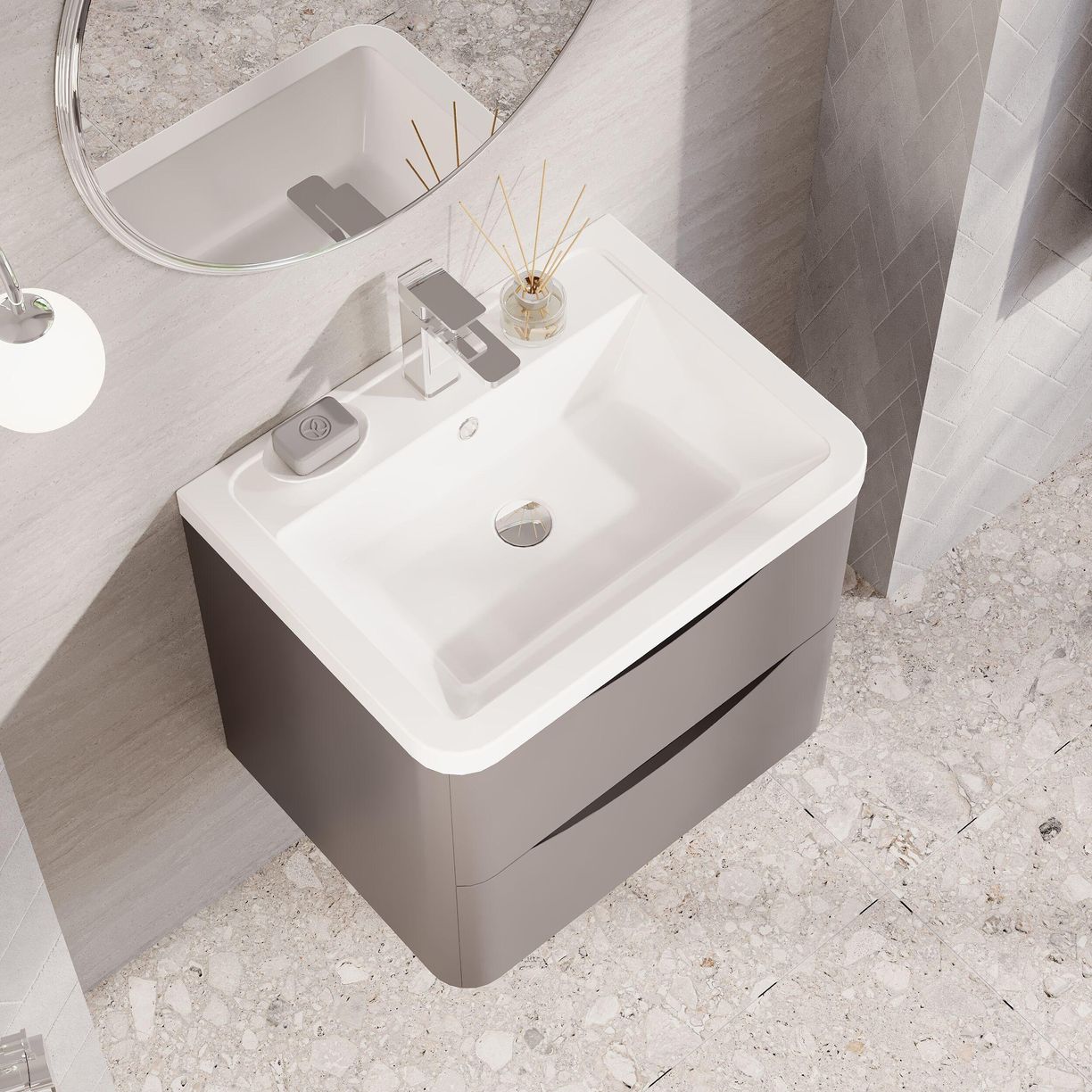 600mm W/H 2-Drawer Unit & Ceramic Basin - Satin Grey