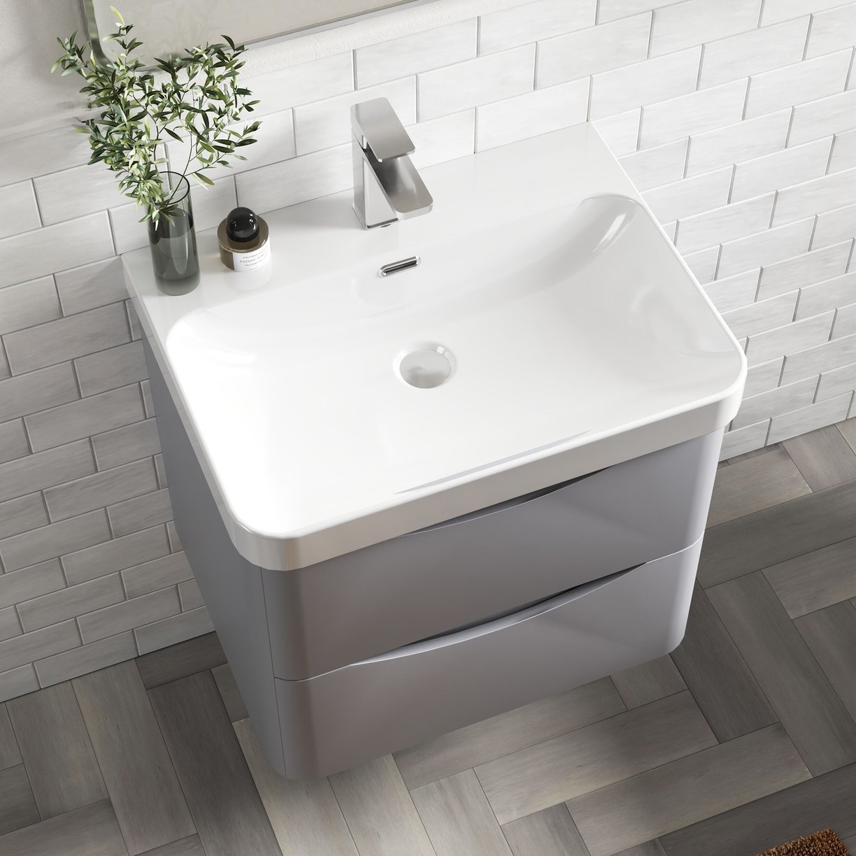 600mm Wall Hung 2 Drawer Vanity & Thin Edge Ceramic Basin