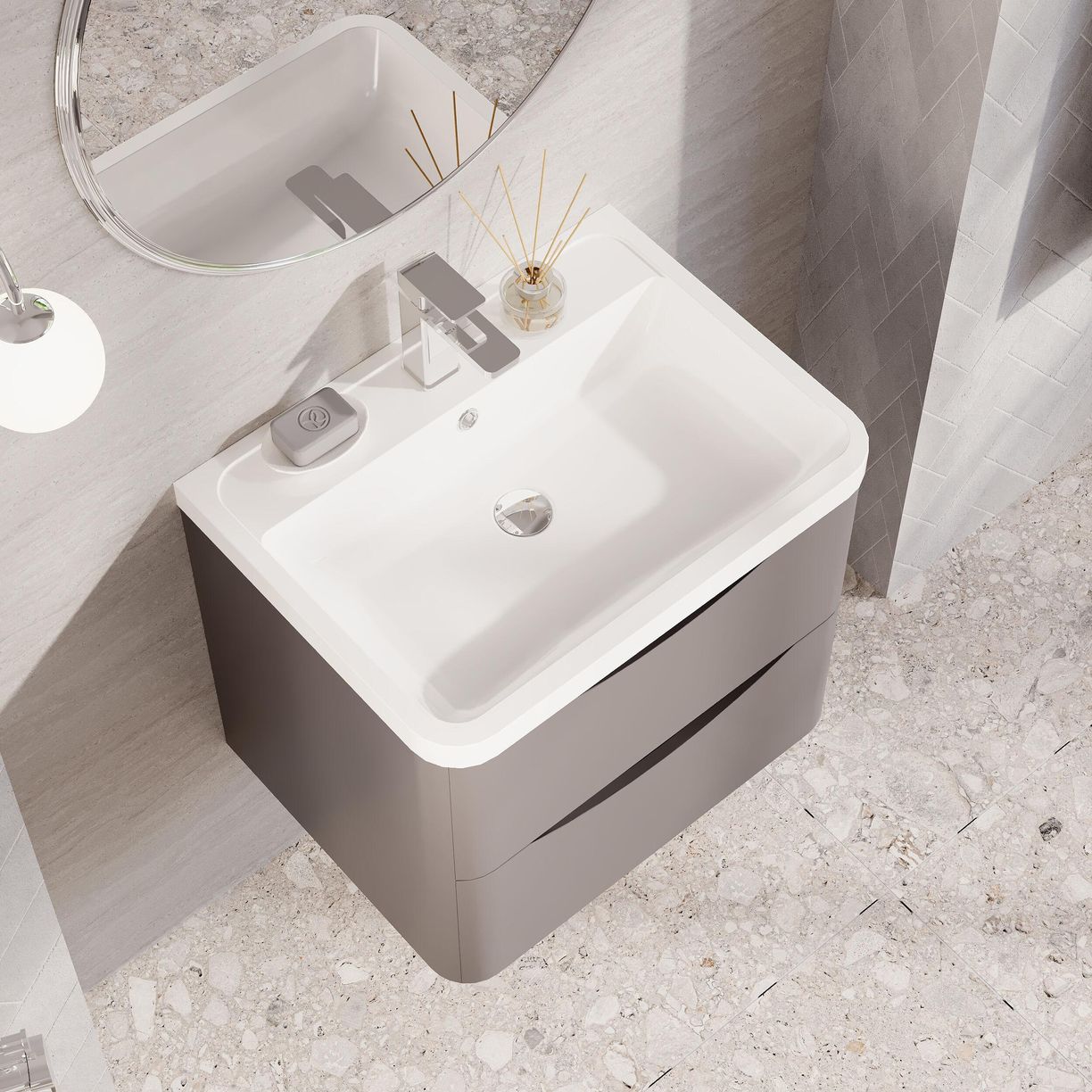 600mm W/H 2-Drawer Unit & Polymarble Basin - Satin Grey