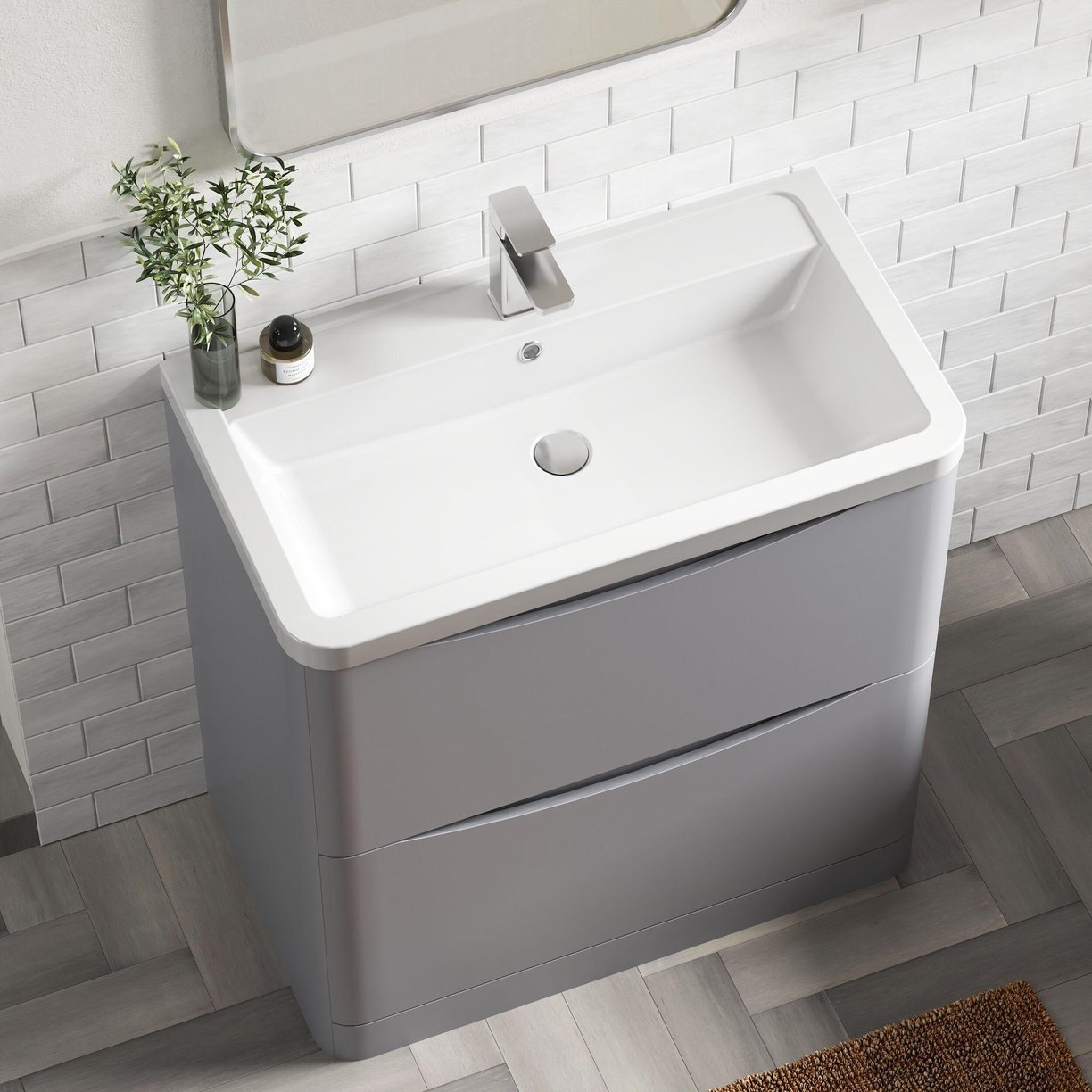 800mm F/S 2-Drawer Unit & Ceramic Basin - Satin Grey