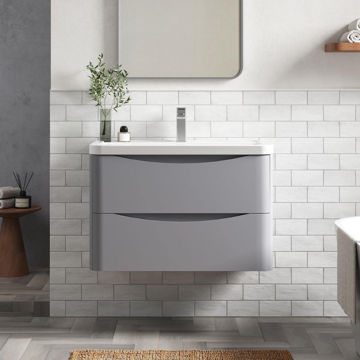 800mm W/H 2-Drawer Unit & Ceramic Basin - Satin Grey