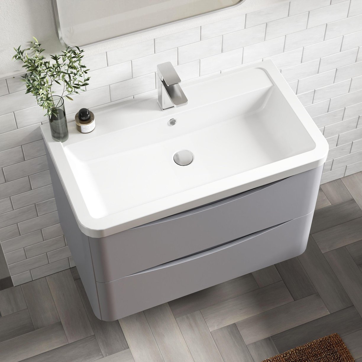 800mm W/H 2-Drawer Unit & Ceramic Basin - Satin Grey