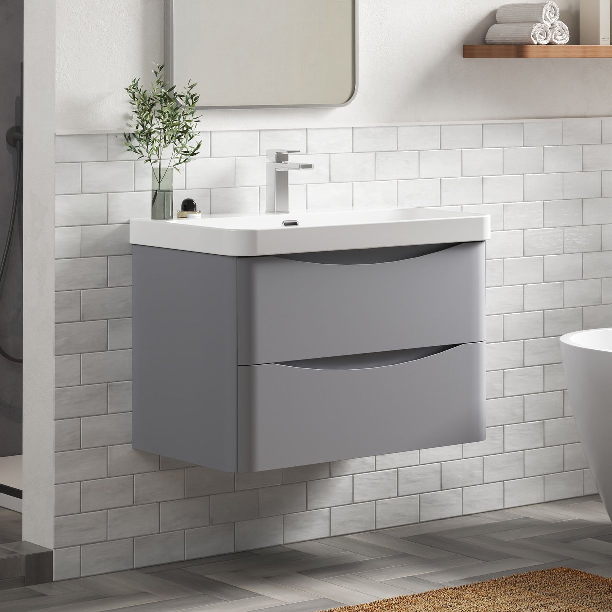 800mm Wall Hung 2 Drawer Vanity & Thin Edge Ceramic Basin