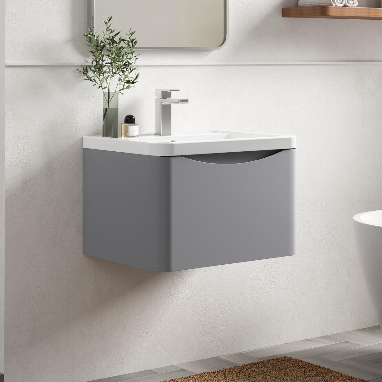 600mm W/H 1-Drawer Unit & Ceramic Basin - Satin Grey