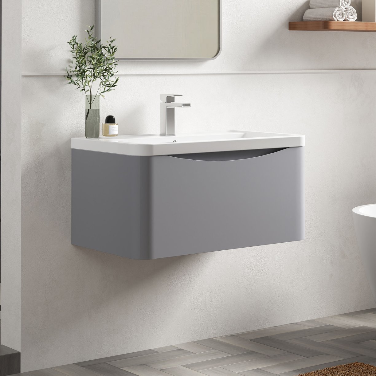 800mm W/H 1-Drawer Unit & Ceramic Basin - Satin Grey