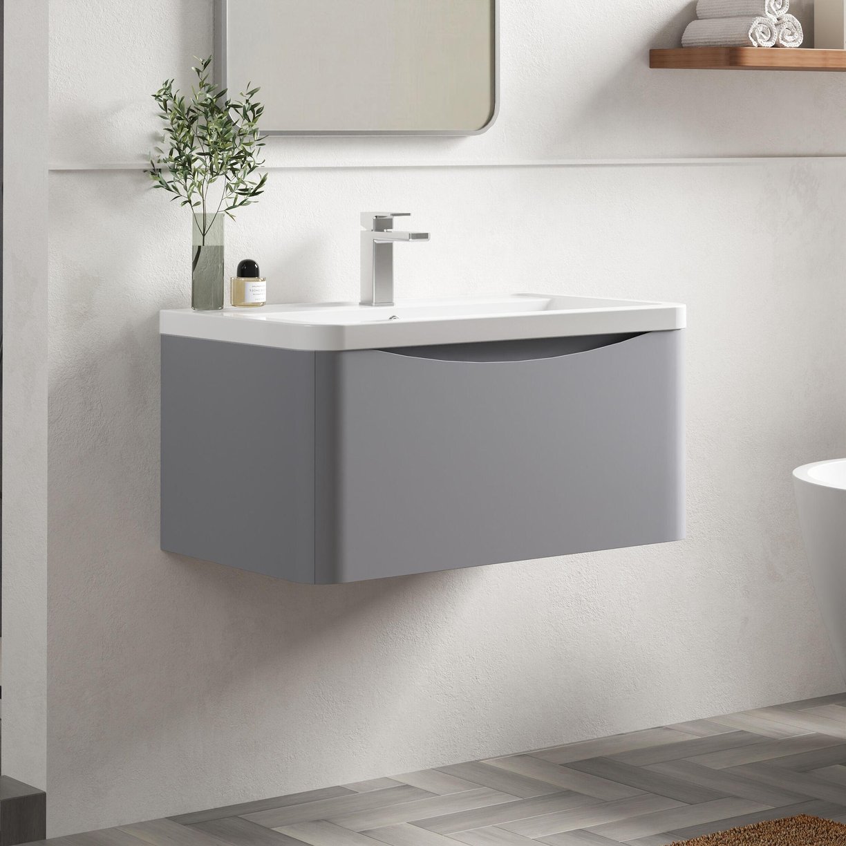 800mm W/H 1-Drawer Unit & Ceramic Basin - Satin Grey