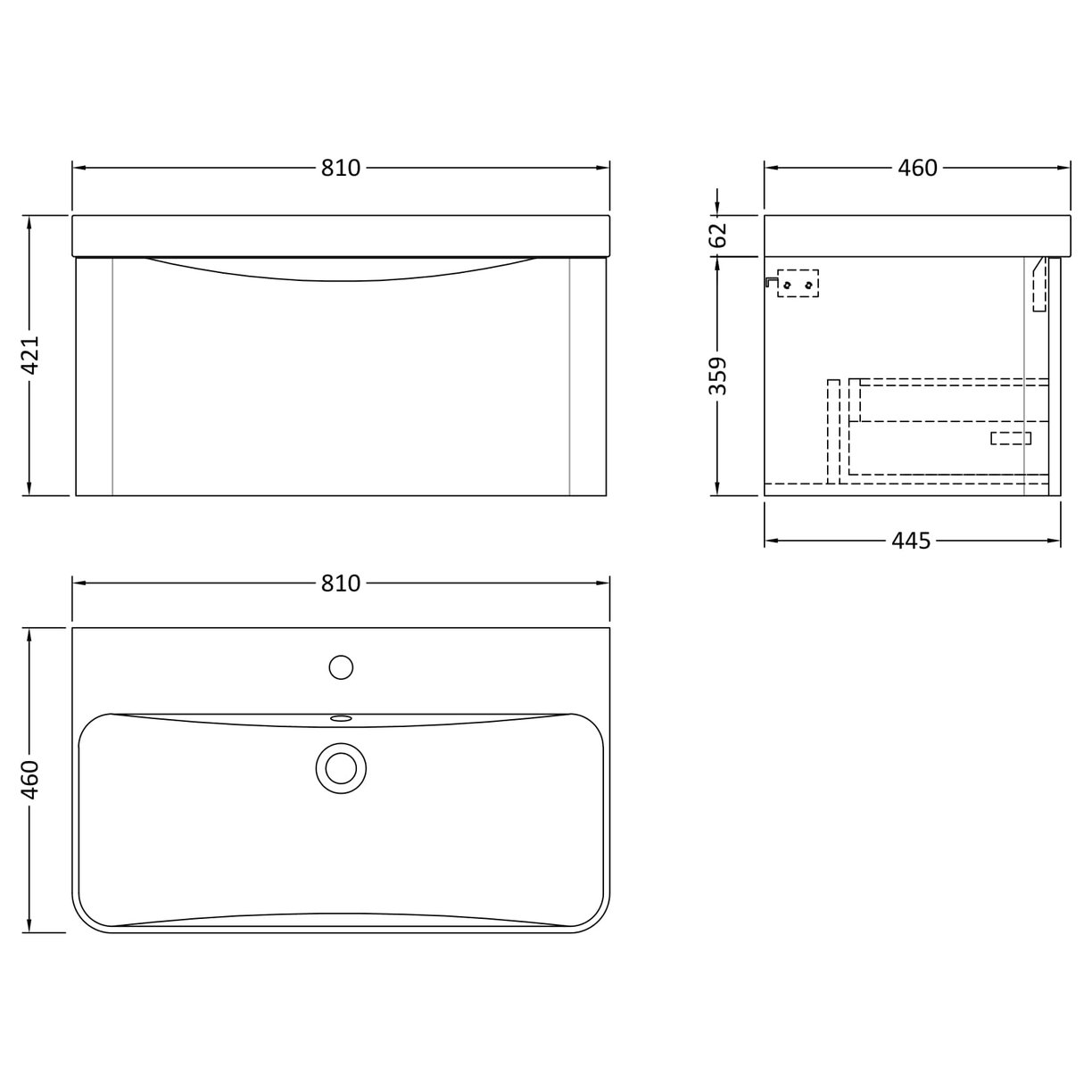 800mm Wall Hung 1 Drawer Vanity & Thin Edge Ceramic Basin