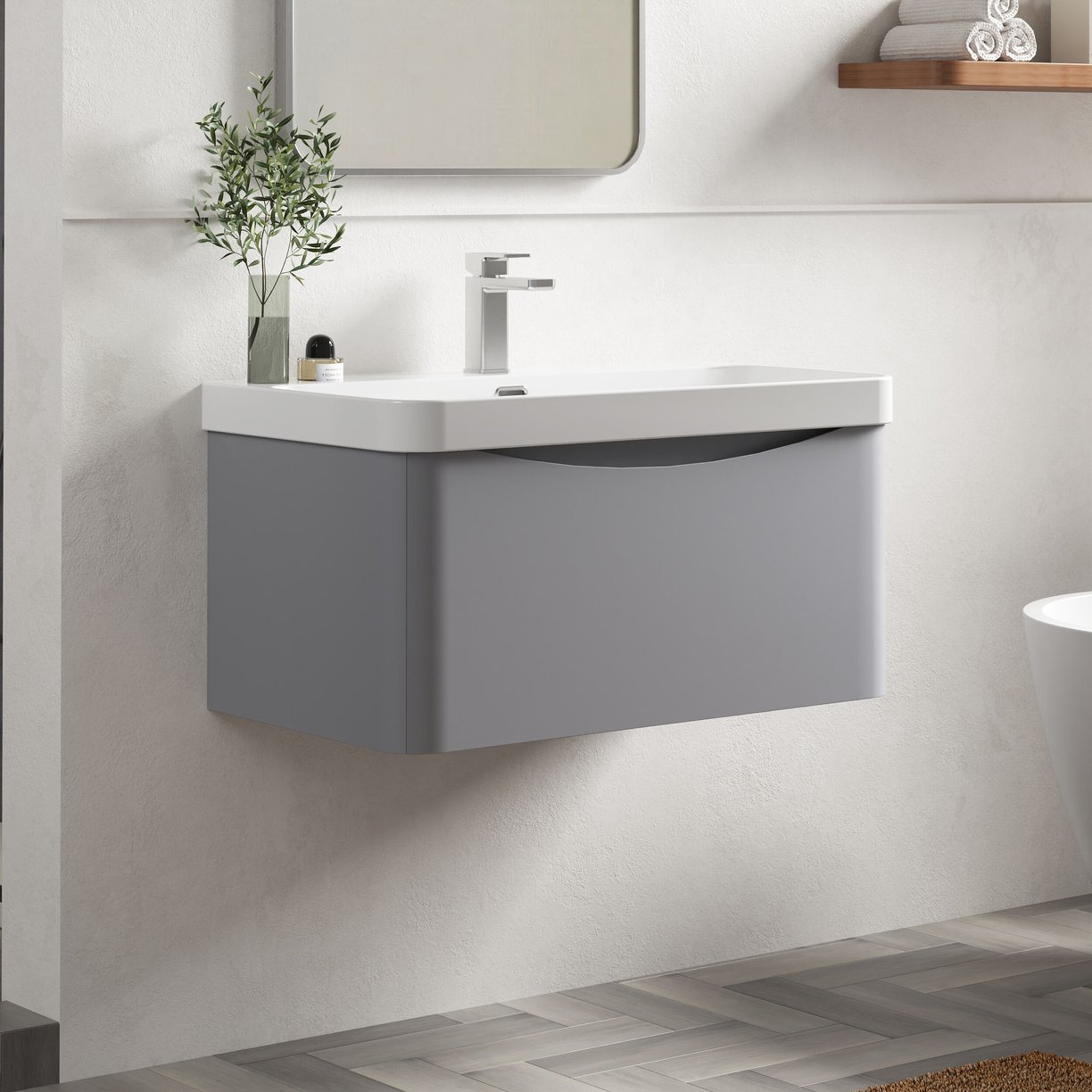 800mm Wall Hung 1 Drawer Vanity & Thin Edge Ceramic Basin