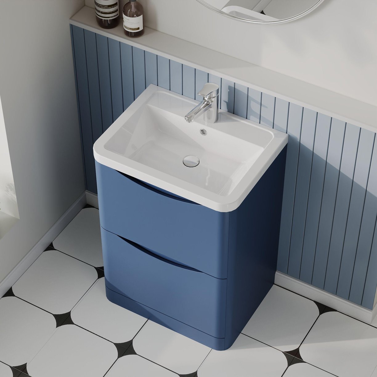 600mm F/S 2-Drawer Unit & Ceramic Basin - Satin Blue