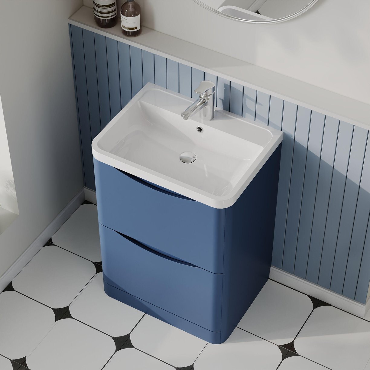 600mm F/S 2-Drawer Unit & Polymarble Basin - Satin Blue