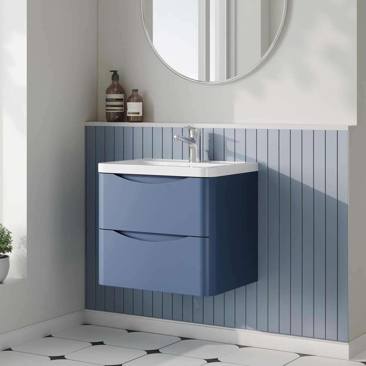 600mm W/H 2-Drawer Unit & Ceramic Basin - Satin Blue