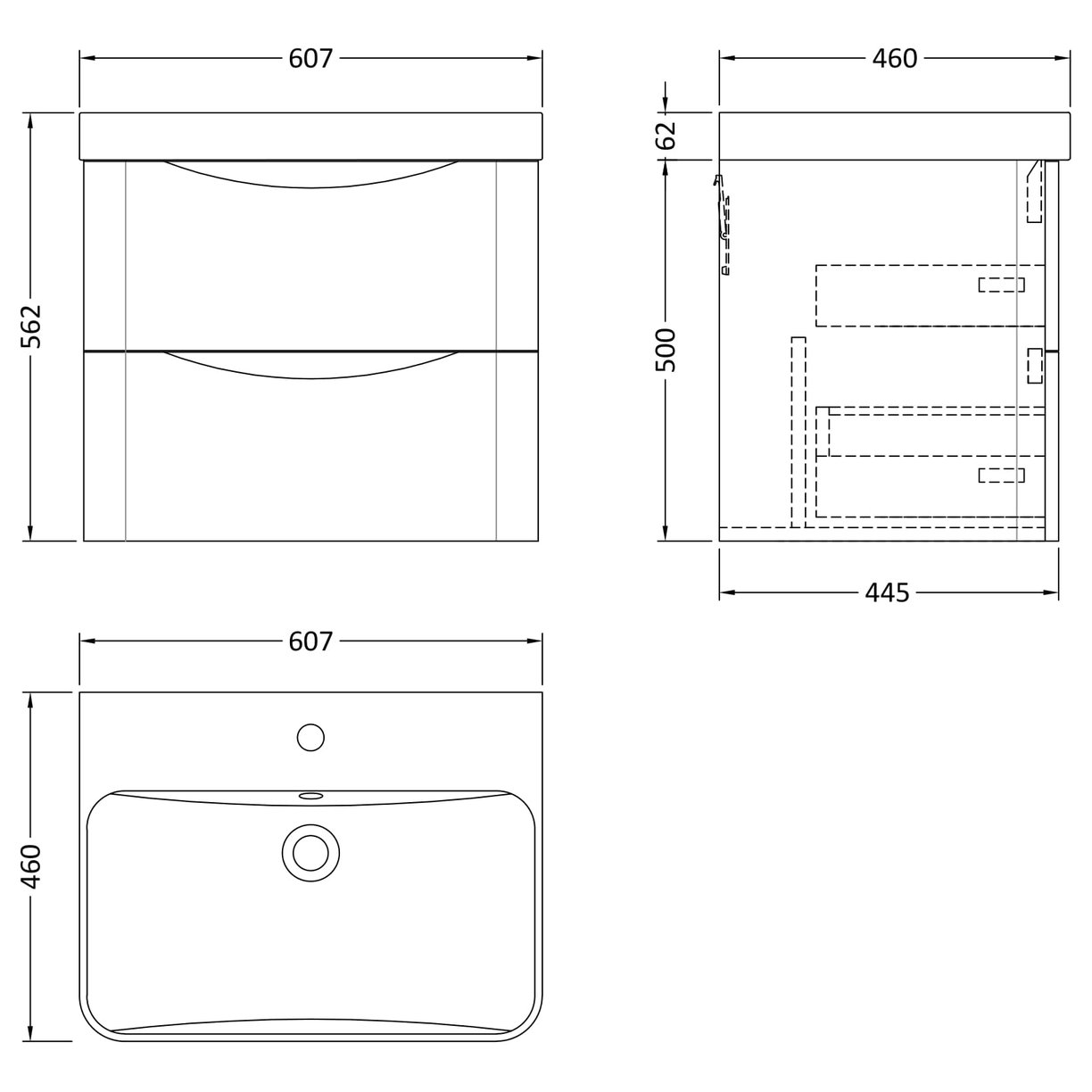 600mm Wall Hung 2 Drawer Vanity & Thin Edge Ceramic Basin