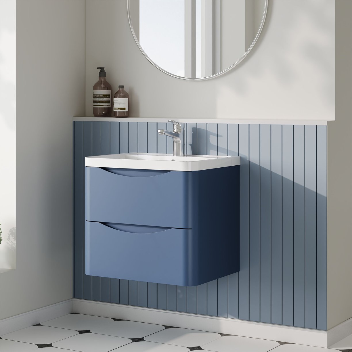 600mm W/H 2-Drawer Unit & Polymarble Basin - Satin Blue
