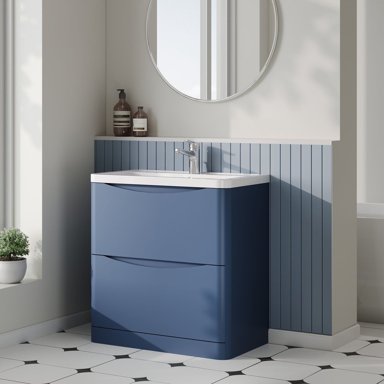 800mm F/S 2-Drawer Unit & Ceramic Basin - Satin Blue