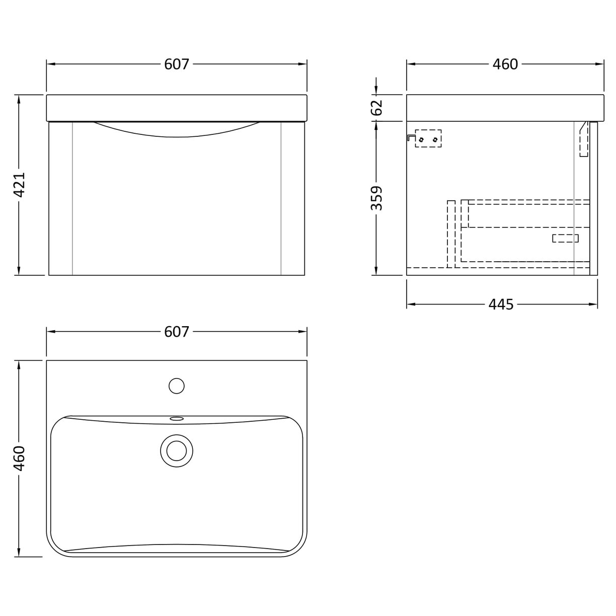 600mm Wall Hung 1 Drawer Vanity & Thin Edge Ceramic Basin