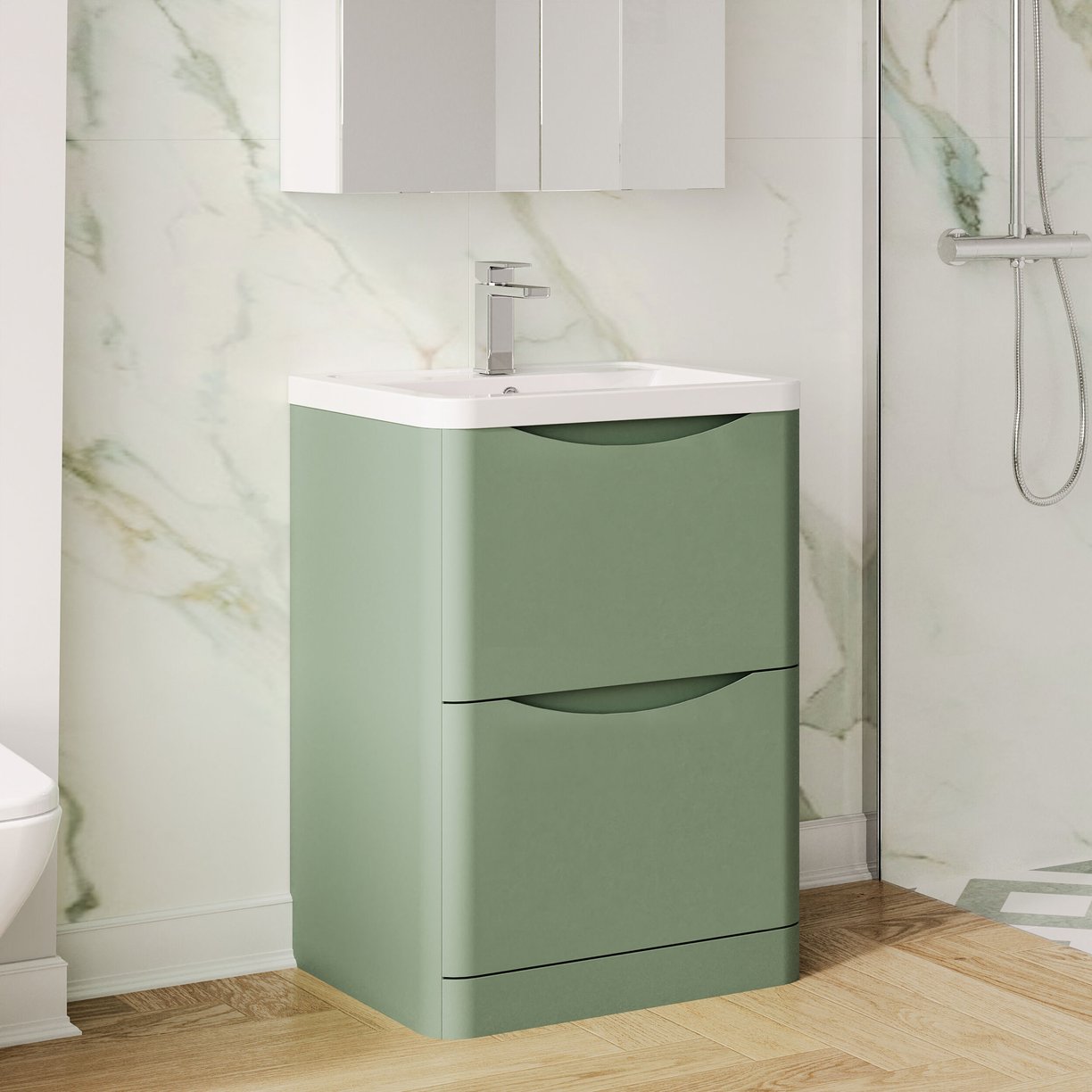 600mm F/S 2-Drawer Unit & Ceramic Basin - Satin Green