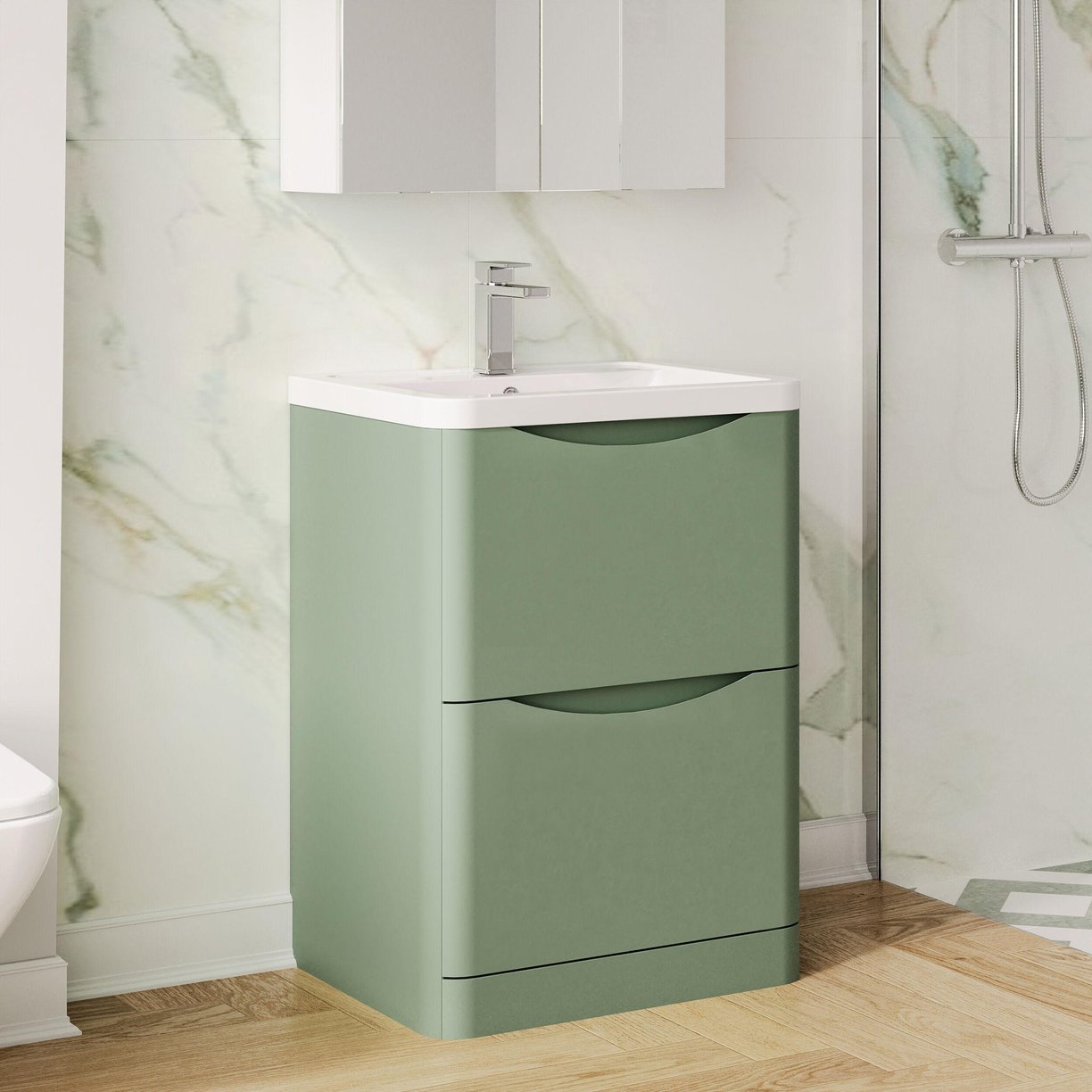 600mm F/S 2-Drawer Unit & Ceramic Basin - Satin Green