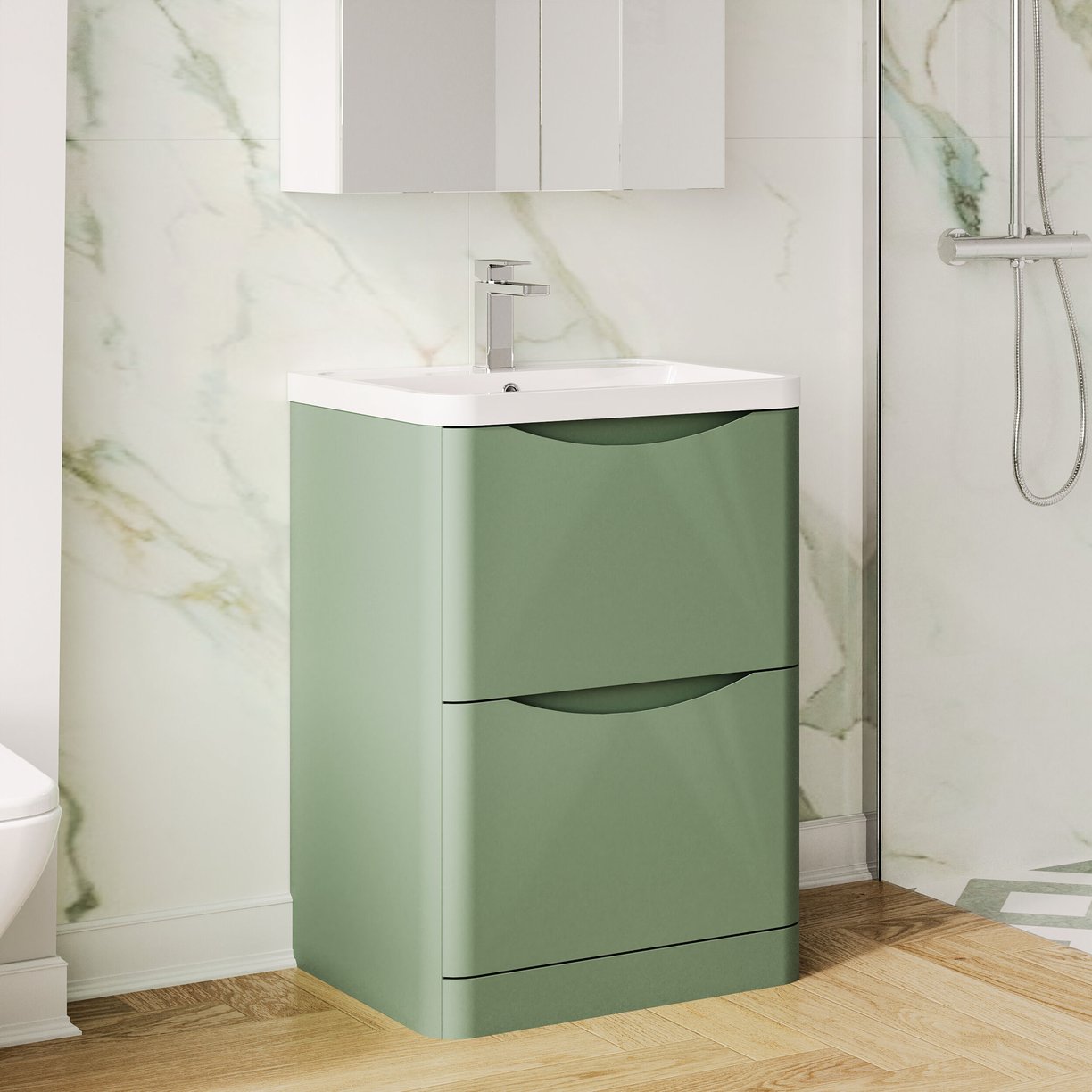 600mm F/S 2-Drawer Unit & Polymarble Basin - Satin Green