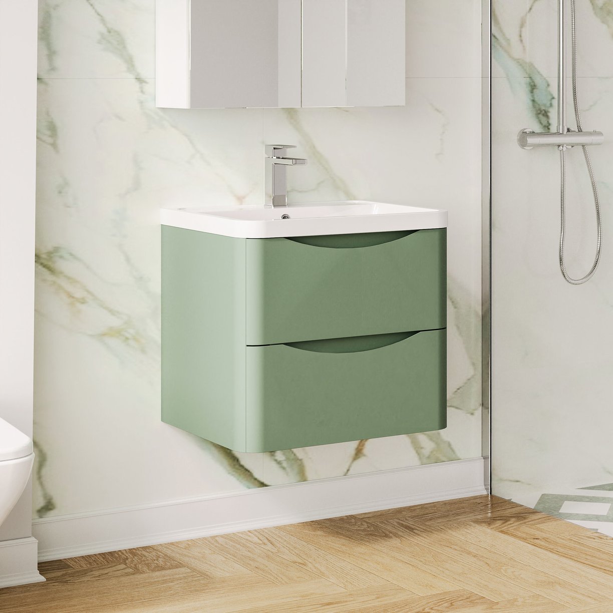 600mm W/H 2-Drawer Unit & Polymarble Basin - Satin Green