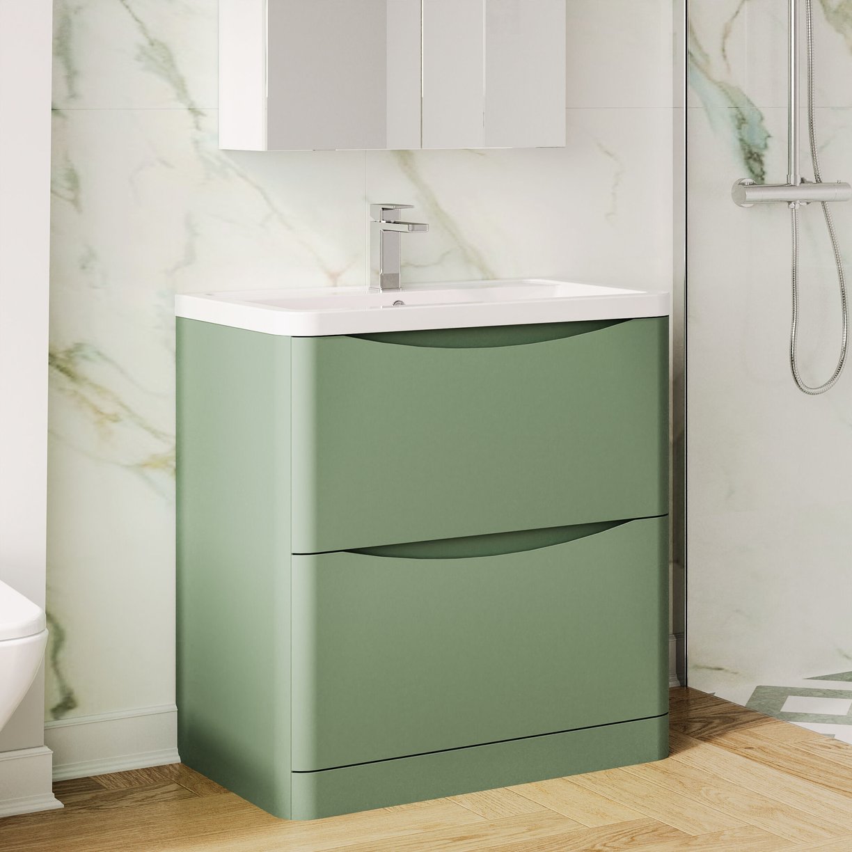 800mm F/S 2-Drawer Unit & Ceramic Basin - Satin Green