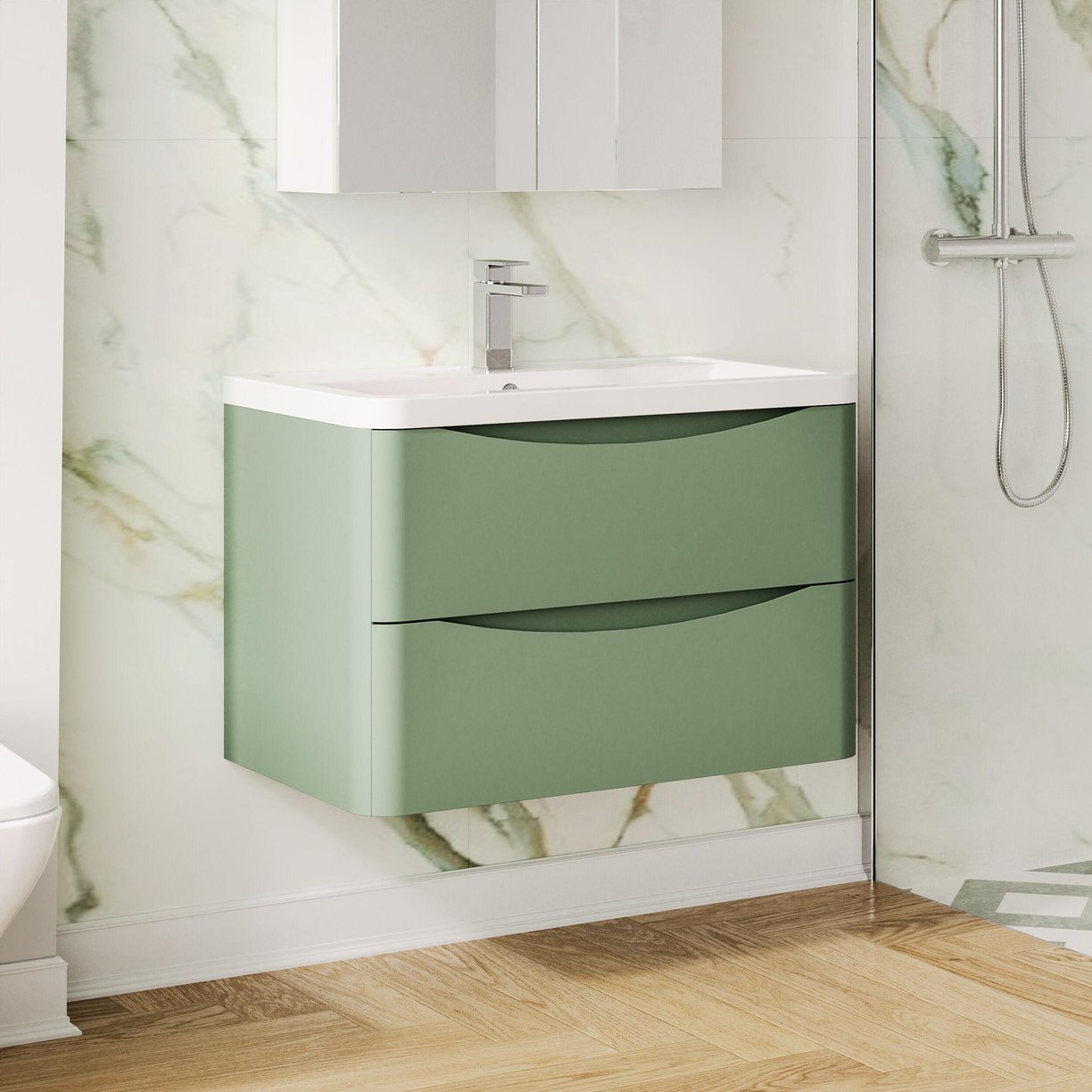 800mm W/H 2-Drawer Unit & Ceramic Basin - Satin Green