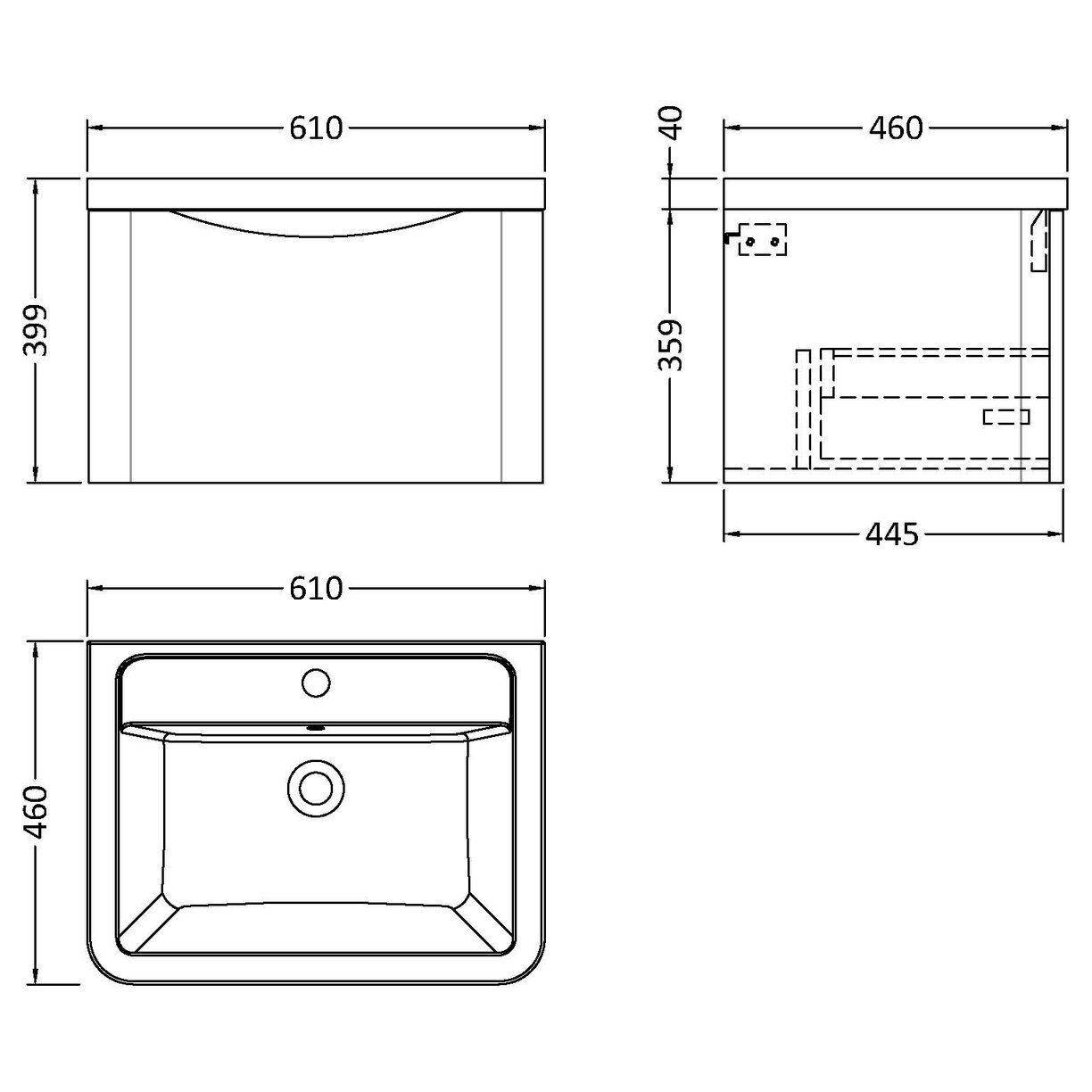 600 W/H 1-Drawer Unit & Ceramic Basin