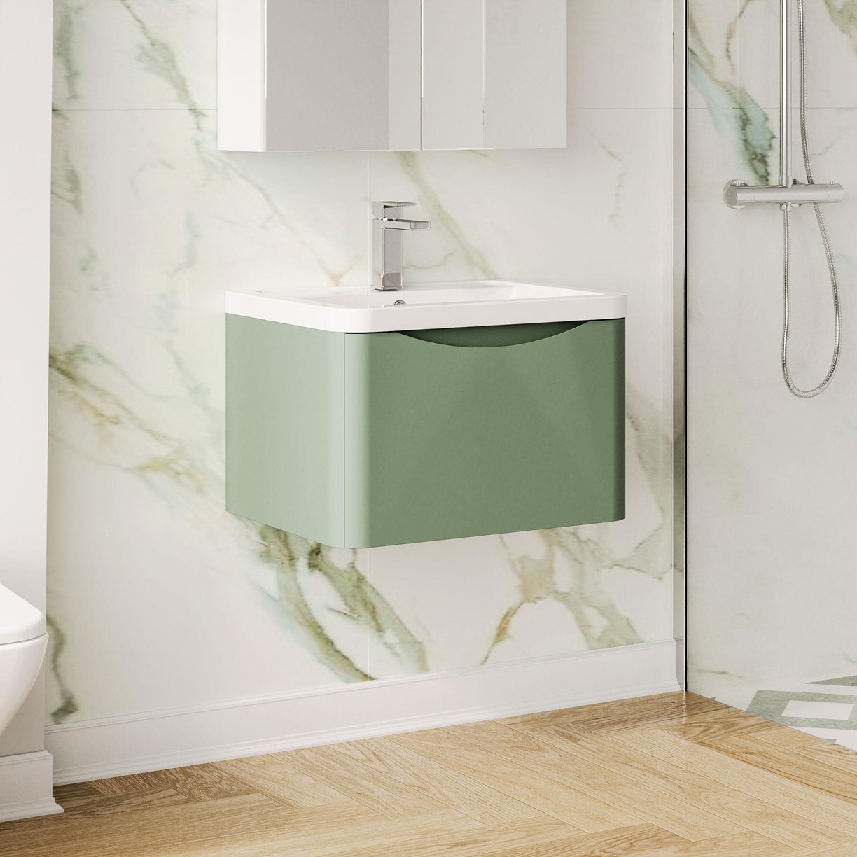 600mm W/H 1-Drawer Unit & Ceramic Basin - Satin Green