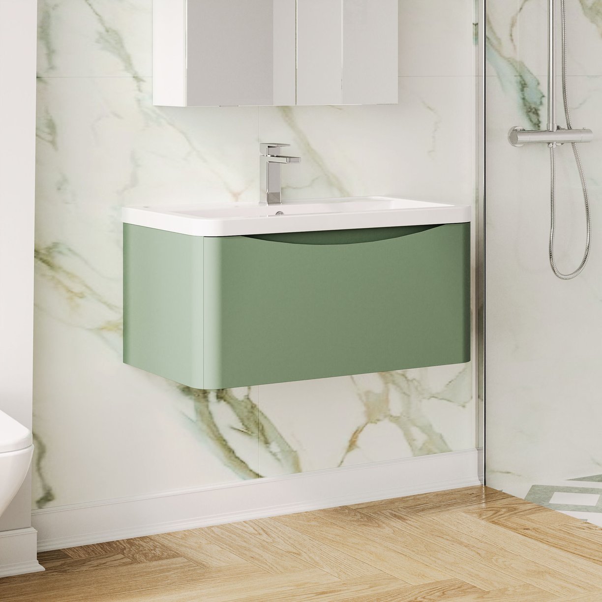 800mm W/H 1-Drawer Unit & Ceramic Basin - Satin Green