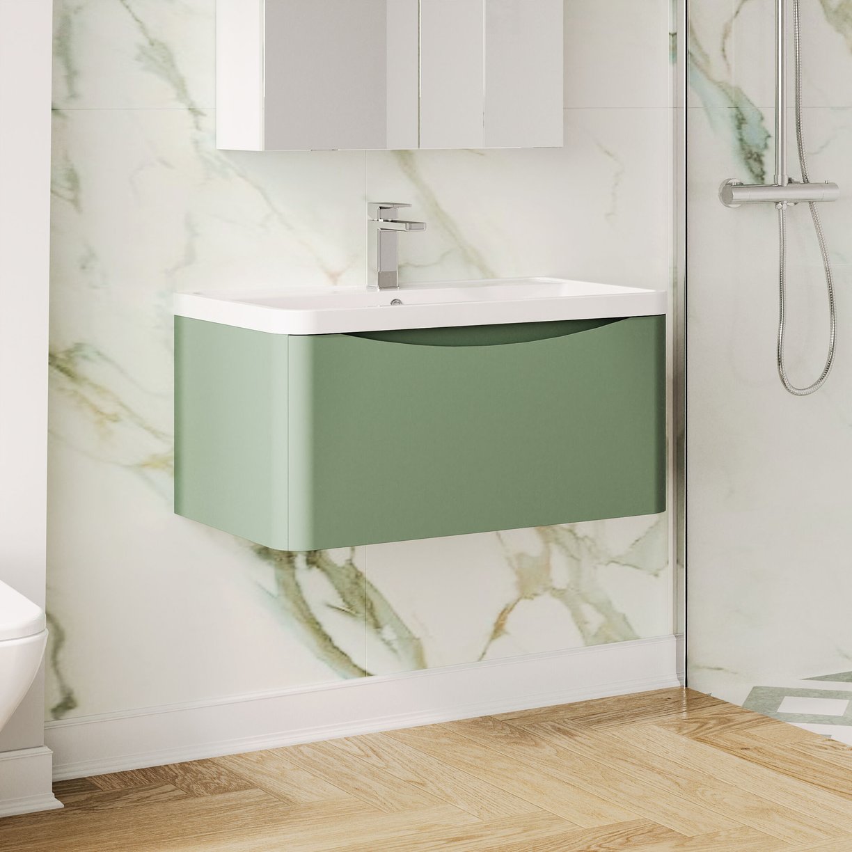 800mm W/H 1-Drawer Unit & Polymarble Basin - Satin Green
