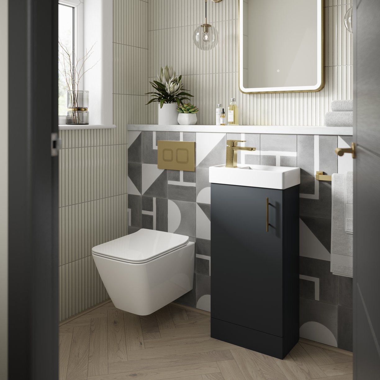 400mm Single Door Floor Standing Unit Inc' Basin - Soft Black Satin
