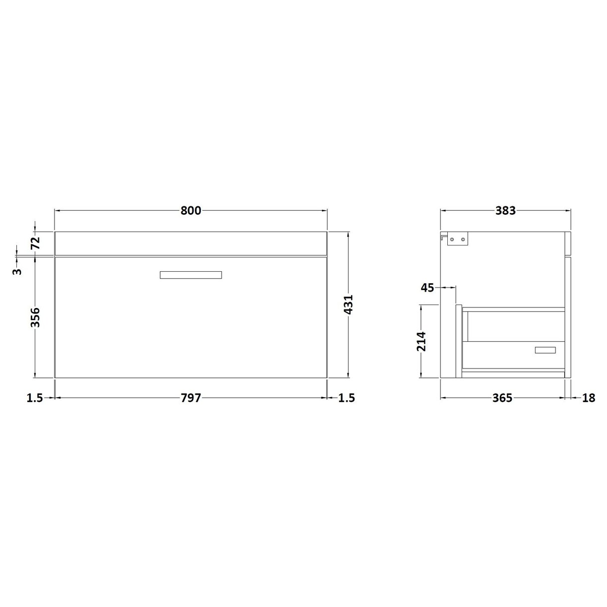 800mm Wall Hung Single Drawer Basin Unit - Gloss Grey