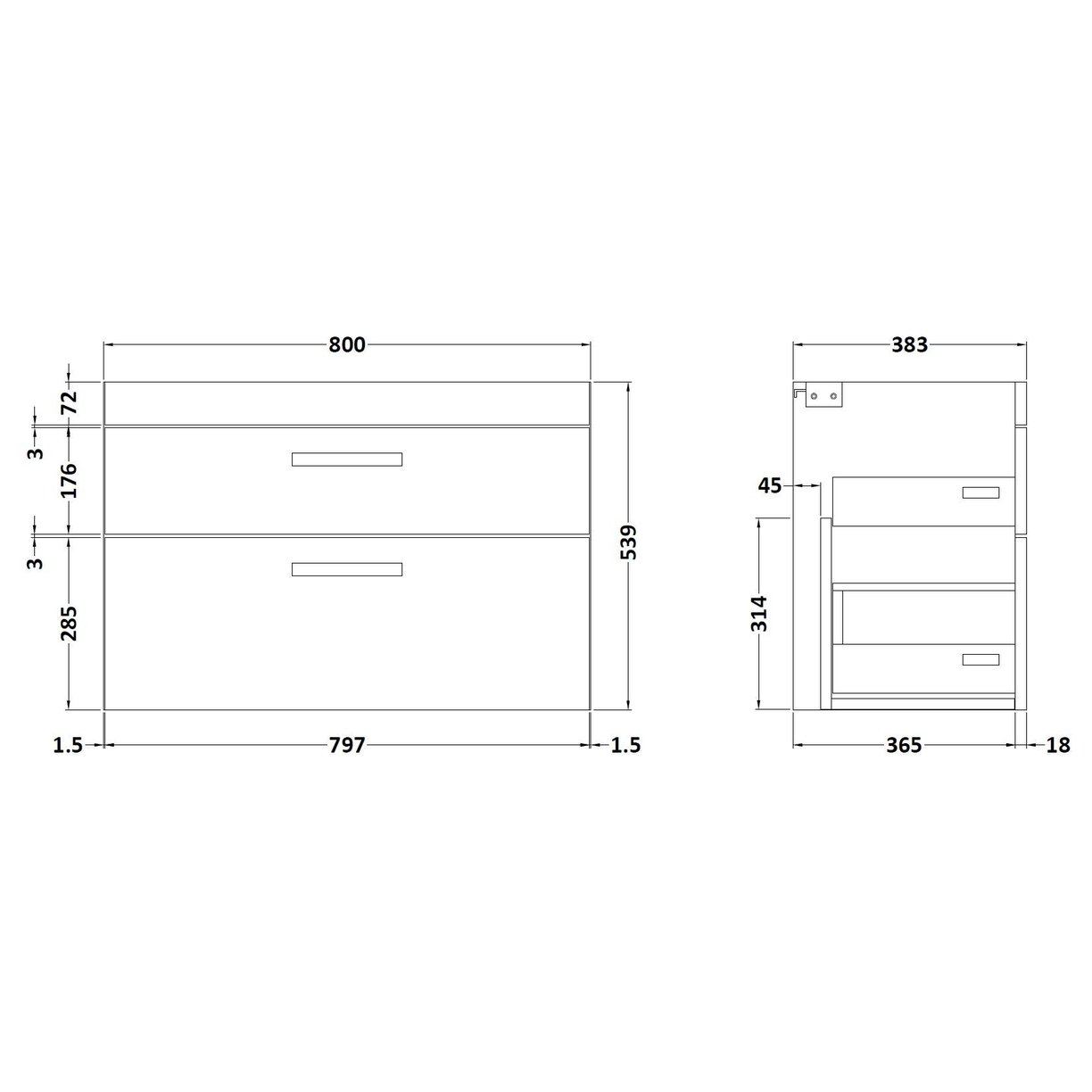 800mm Wall Hung 2-Drawer Basin Unit - Gloss Grey