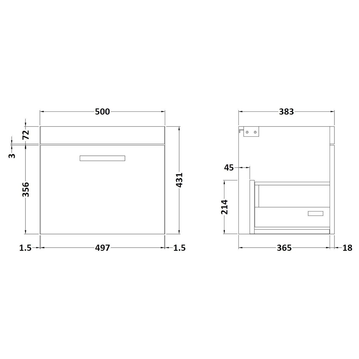 500mm Wall Hung Single Drawer Basin Unit - Gloss Grey