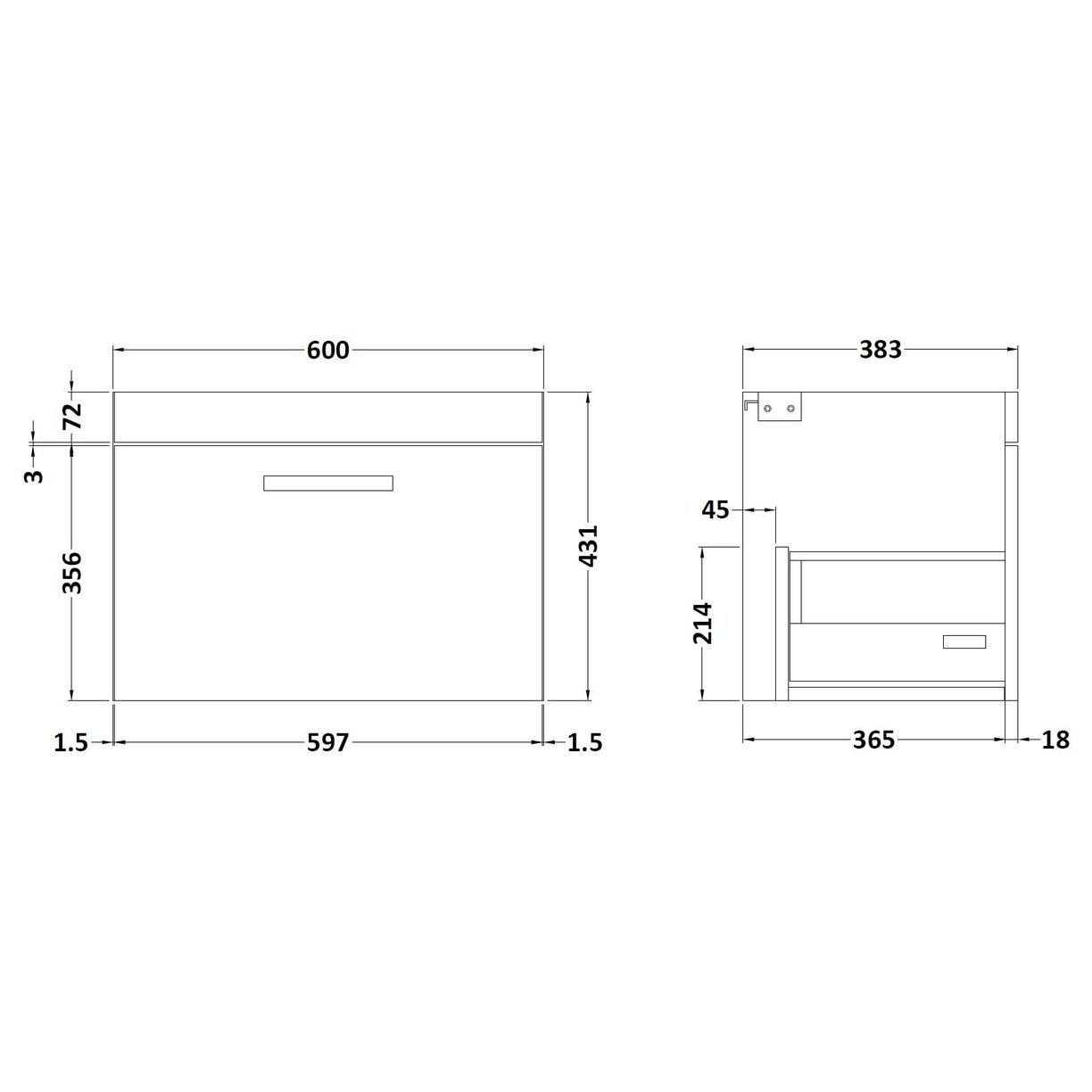 600mm Wall Hung Single Drawer Basin Unit - Gloss Grey