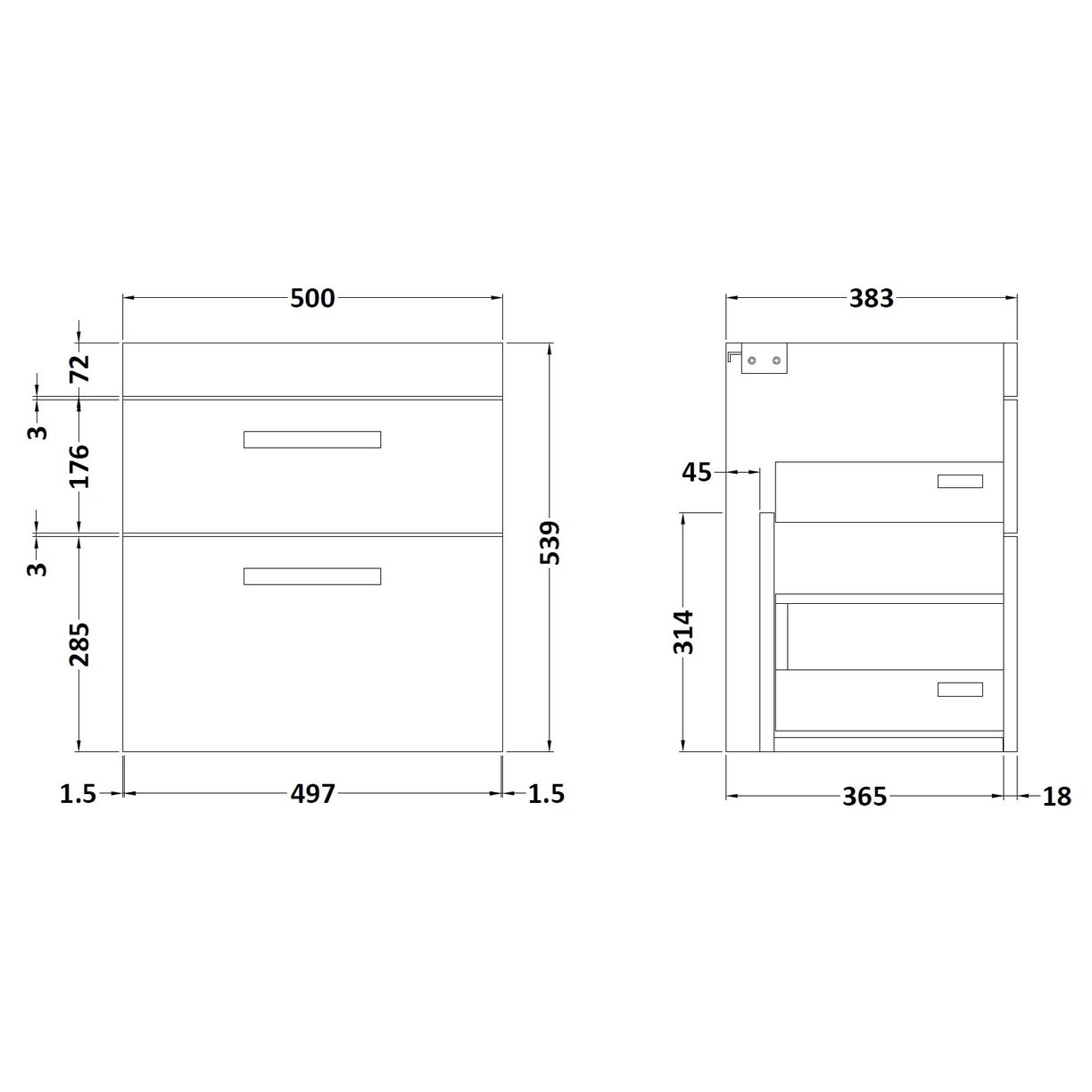 500mm Wall Hung 2-Drawer Basin Unit - Gloss Grey