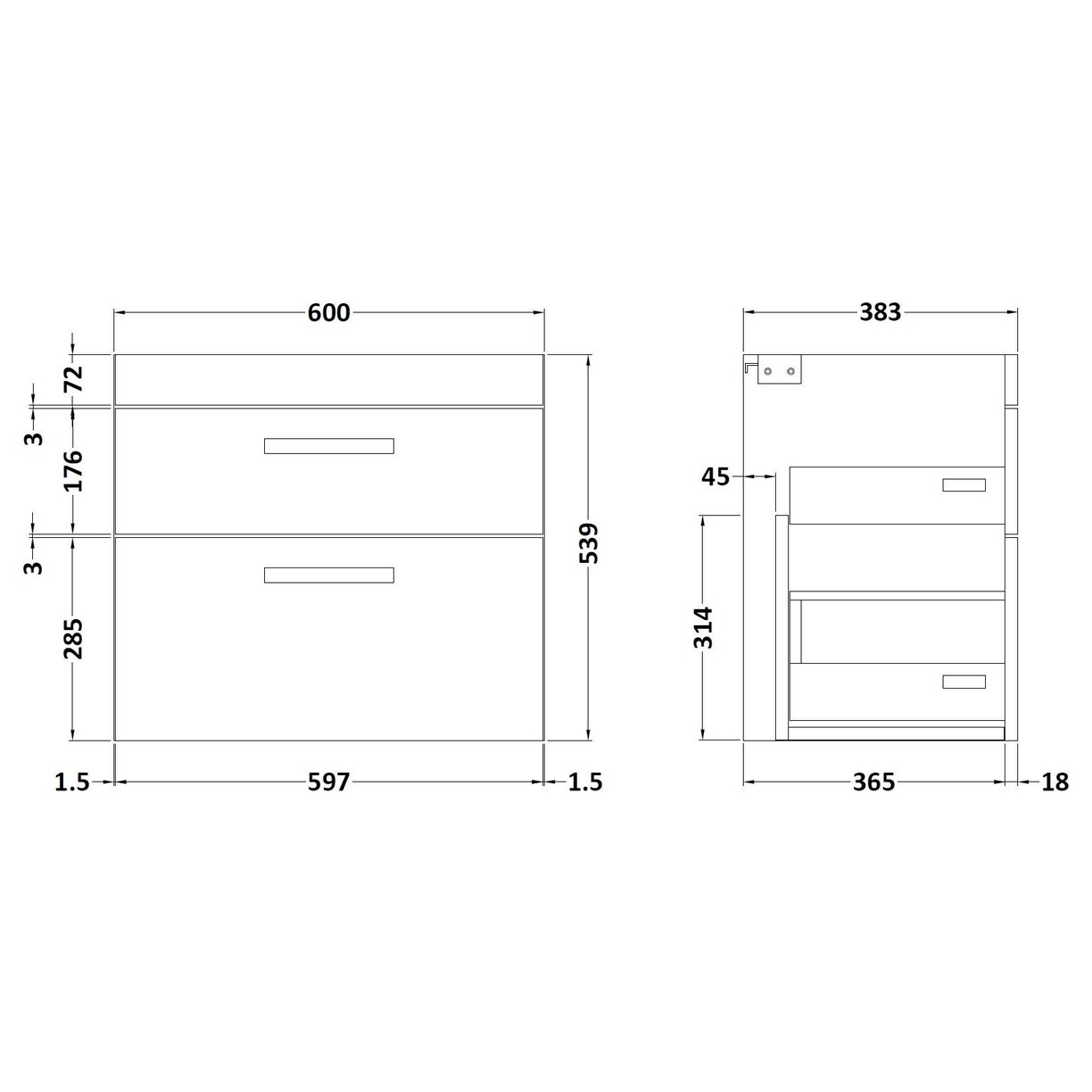 600mm Wall Hung 2-Drawer Basin Unit - Gloss Grey