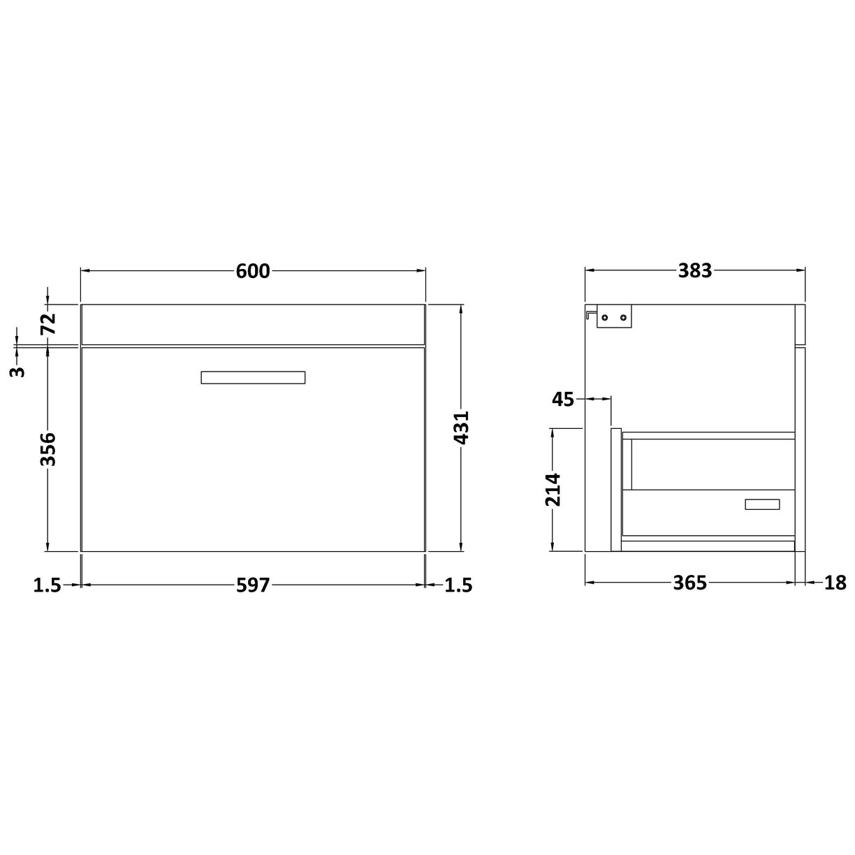 600mm Wall Hung Single Drawer Basin Unit - Anthracite Woodgrain
